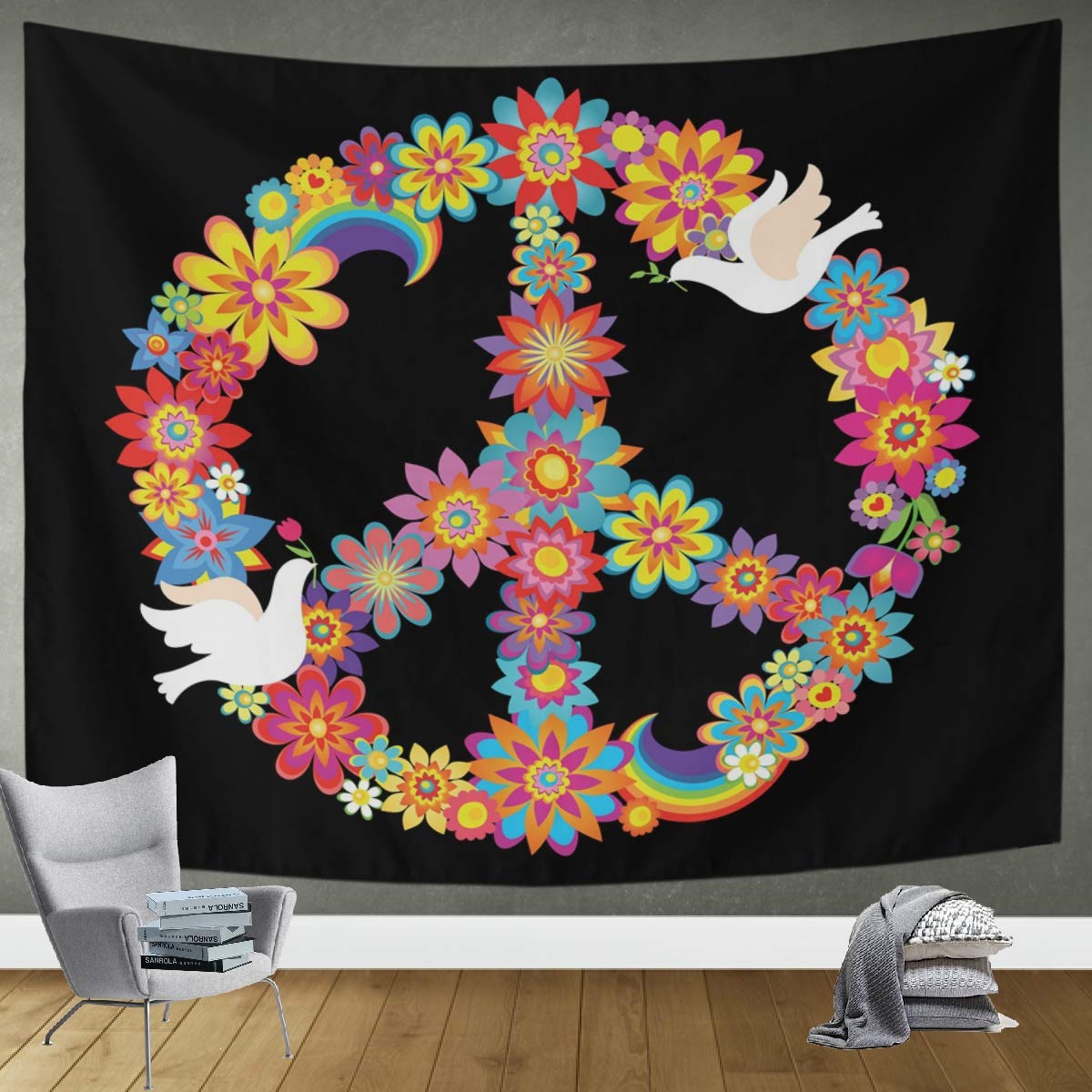 DOMIKING Wall Hanging Tapestry - Peace Flower with Doves Design, 60x51in Bohemian Wall Art for Bedroom, Living Room & Office Decor | Perfect for Meditation Spaces, Dorm Rooms & Hippie Home Decor