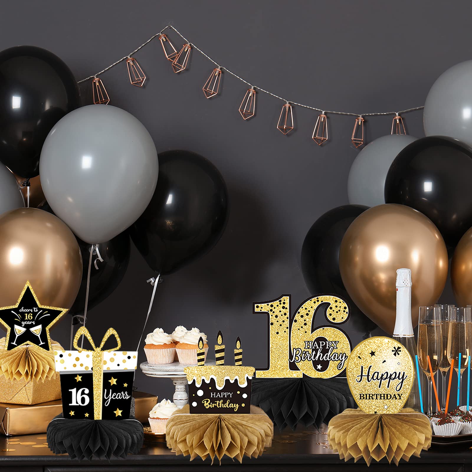 16th Birthday Party Decorations for Boys - 9-Piece Black & Gold Honeycomb Centerpieces, Table Toppers & Party Supplies | Cheers to 16 Years | Perfect for Sweet 16, Milestone Celebrations & Teen Birthday Parties