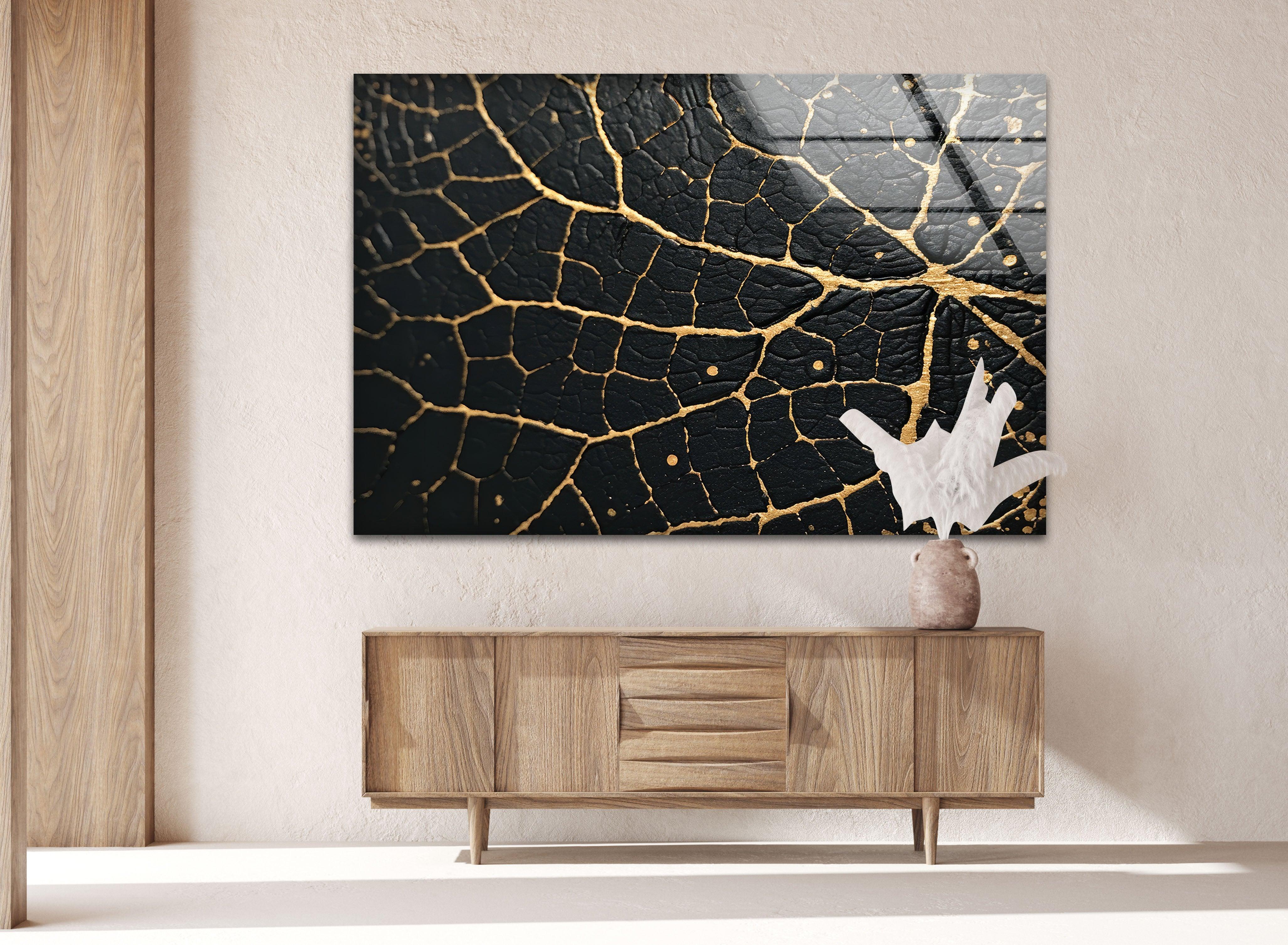 Black and Gold Abstract Glass Wall Art - Modern Home Decor for Living Room, Bedroom & Office - Elegant Handmade Glass Painting for Stylish Interiors