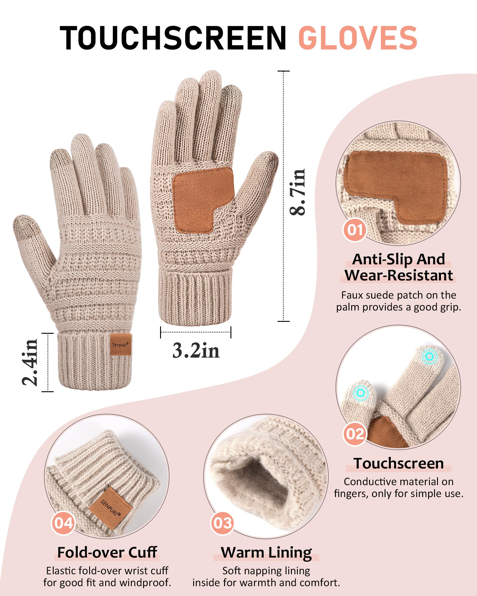 Women's Winter Beanie Hat Scarf Gloves Headband Set - Slouchy Knit Beanie, Ear Warmer, Touchscreen Gloves - Warm 4-Piece Gift Set for Cold Weather, Outdoor Activities, Skiing, Snowboarding & Daily Winter Wear