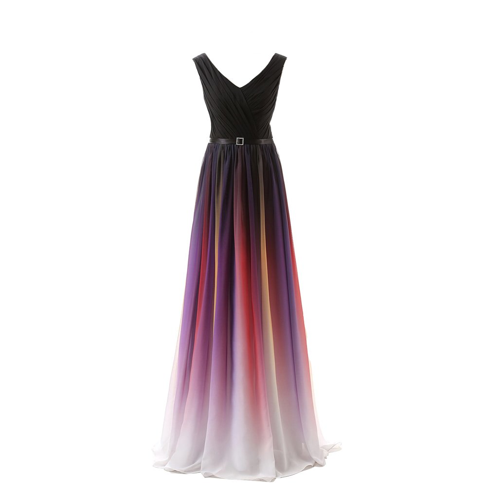 Elegant Black V-Neck Ombre Chiffon Long Formal Evening Dress for Prom, Gala & Special Occasions | Flowy Gradient Sash Design | Perfect for Weddings, Parties & Red Carpet Events