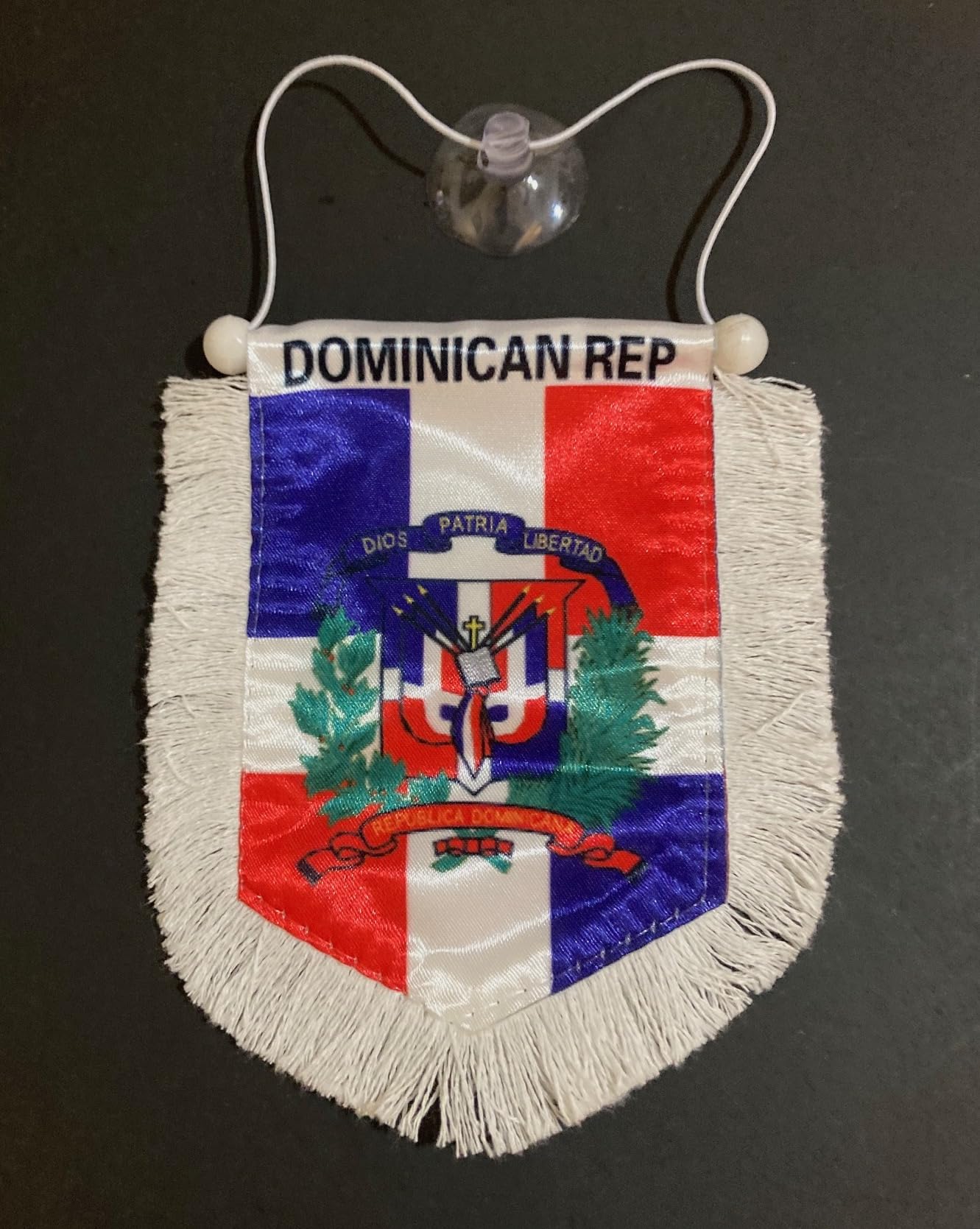 Dominican Republic Car Flag - Rearview Mirror Hanging Accessory with White Trim | Patriotic DR Flag Decor for Vehicles | Perfect for Travel, Sports Events & National Pride Displays