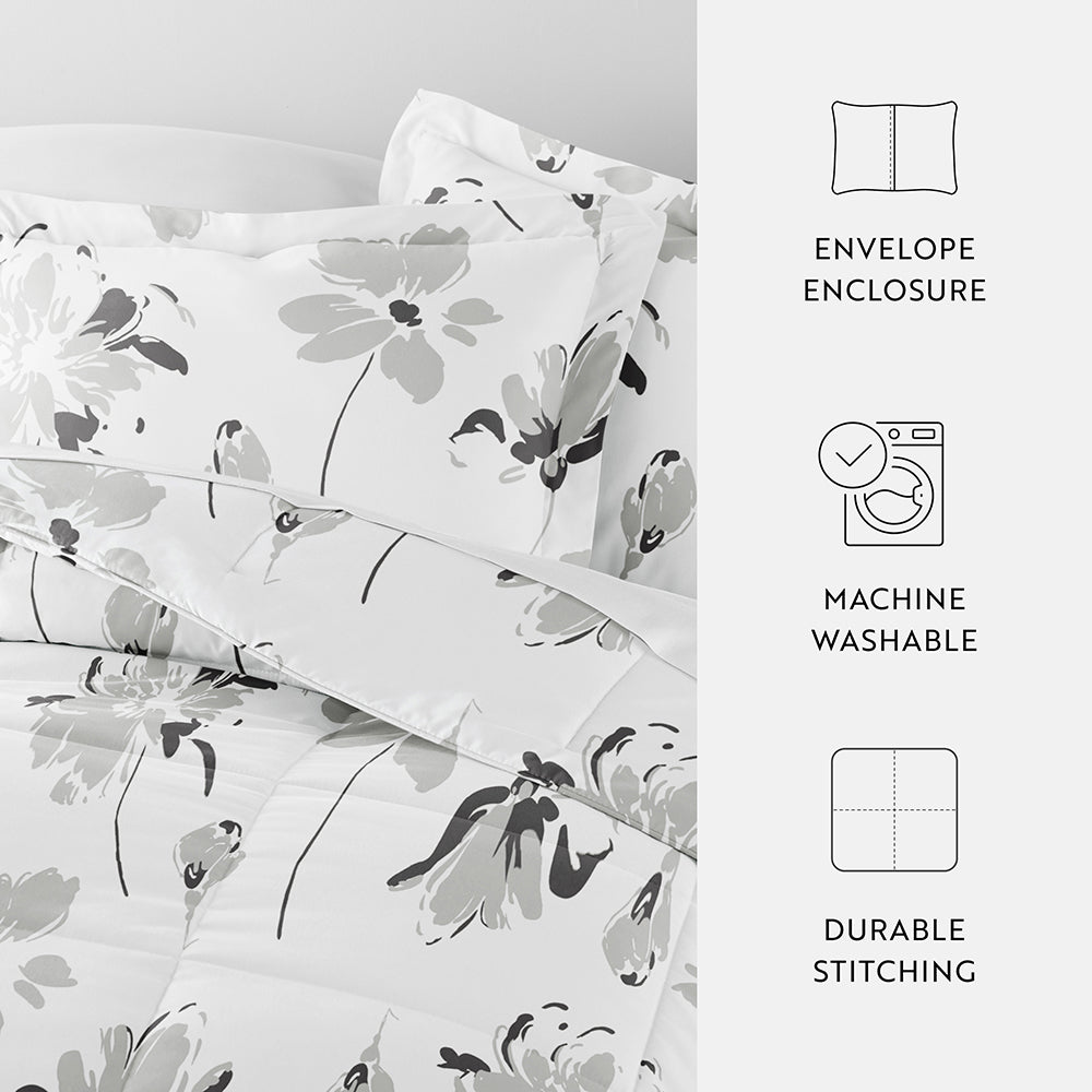 Magnolia Grey Patterned Down Alternative Comforter Set - Soft Hypoallergenic Bedding for All Seasons | Perfect for Master Bedroom, Guest Room & Dorm Decor