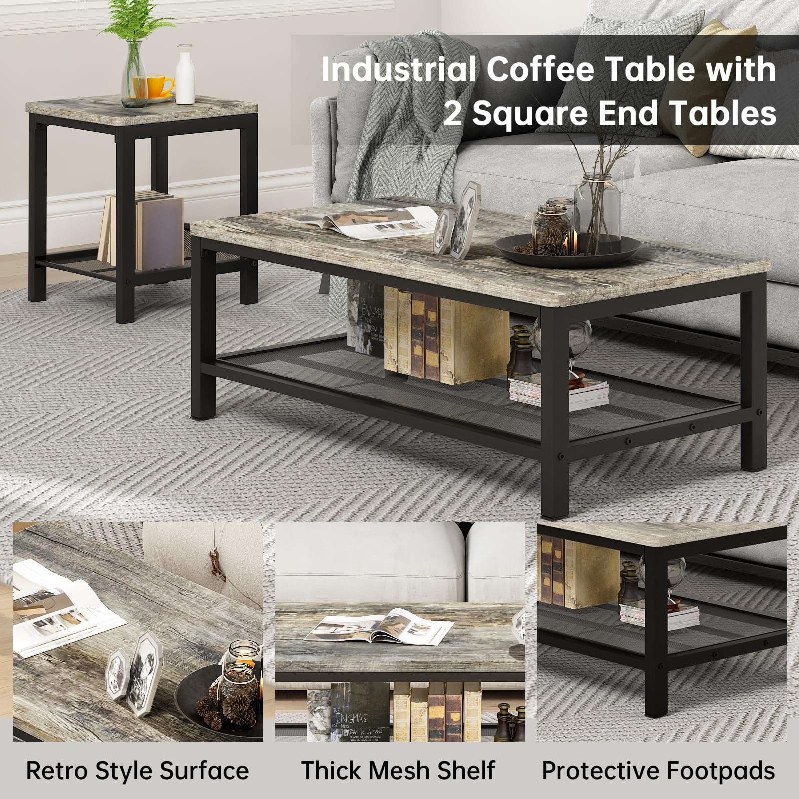 AWQM 3-Piece Industrial Coffee Table Set with 2 Square End Tables - Modern Metal Frame Living Room Furniture for Apartment & Home Office - Grey - Perfect for Small Spaces, Entertaining Guests & Cozy Nights