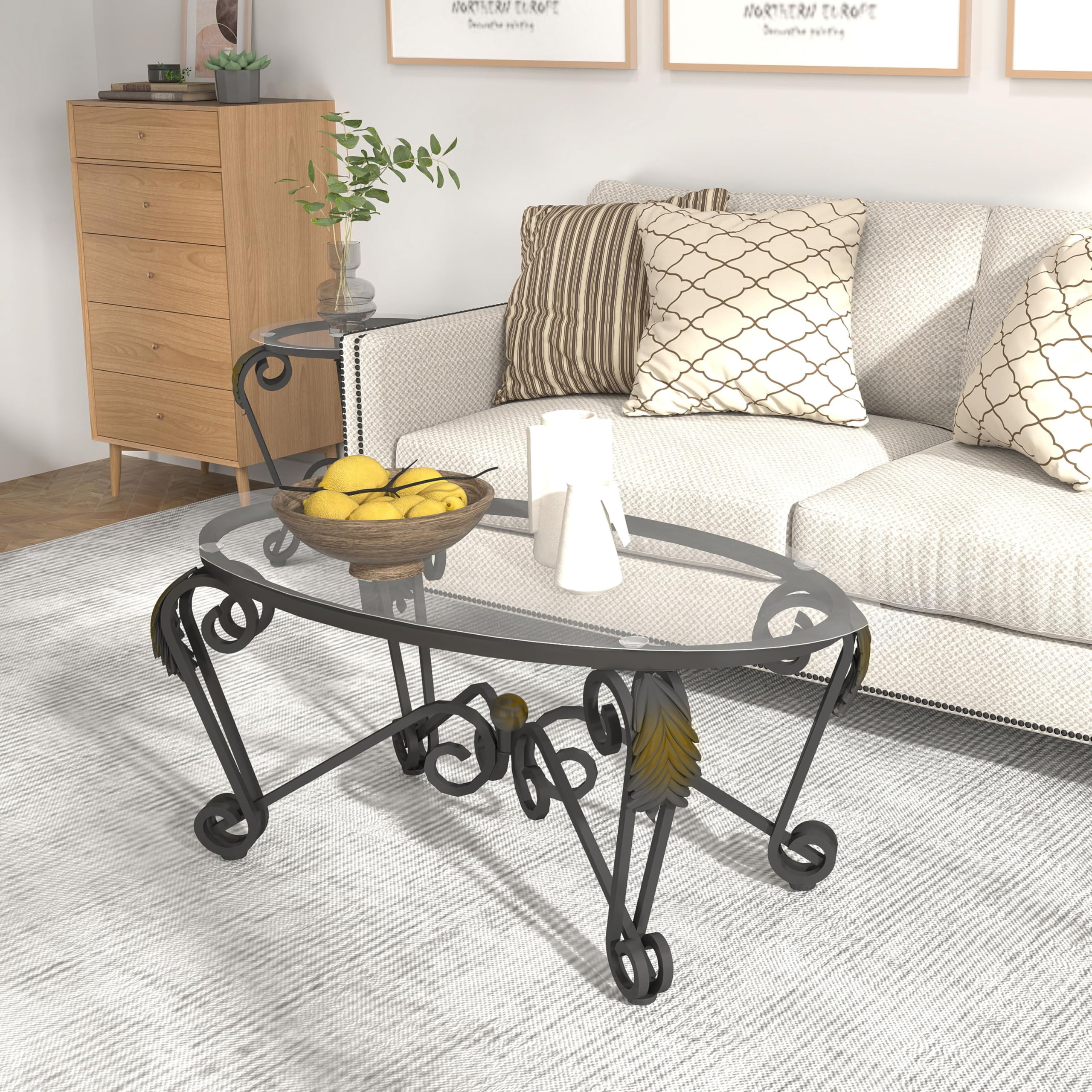 **Industrial Farmhouse 3-Piece Coffee Table Set - Tempered Glass Elliptical Coffee Table & 2 Round Side Tables, Modern Metal Frame for Living Room, Apartment, Home Office (Rustic Black) - Perfect for Cozy Gatherings & Stylish Home Decor**