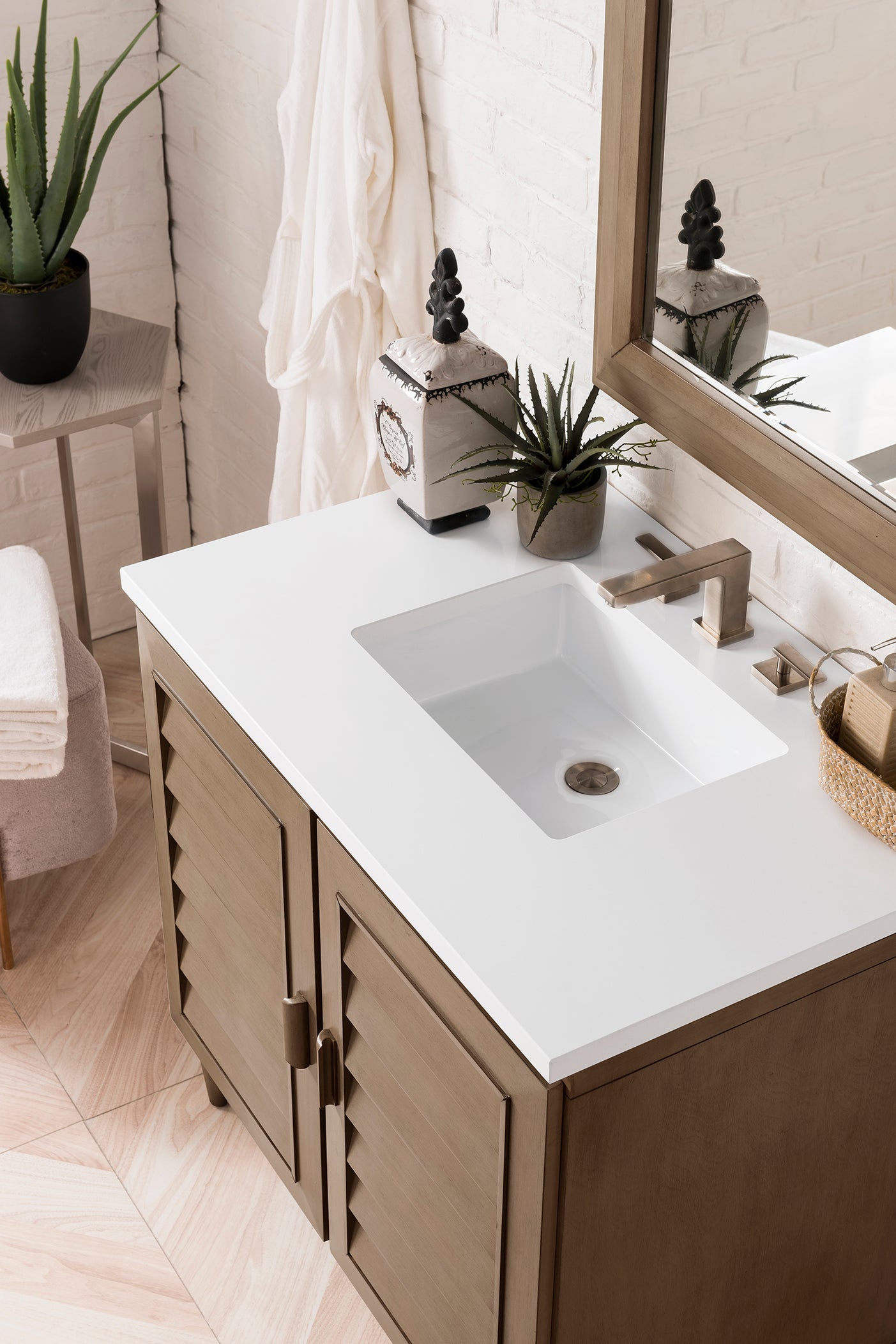 Portland 36 Inch Single Bathroom Vanity in Whitewashed Walnut with 3CM Classic White Quartz Countertop - Perfect for Modern Farmhouse & Coastal Bathroom Designs
