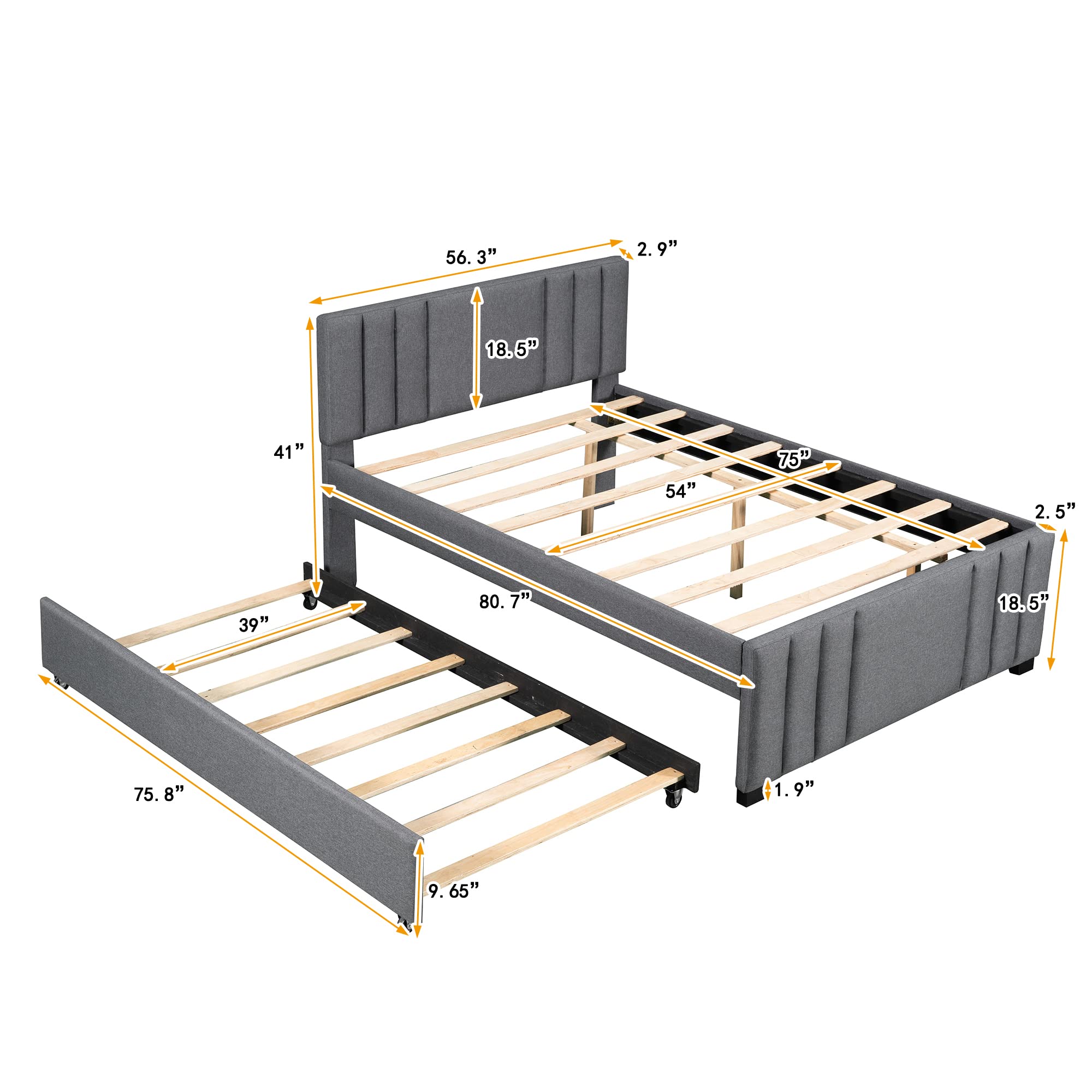 P PURLOVE Full Upholstered Platform Bed with Trundle - Wooden Twin Size Bed Frame with Headboard for Kids & Teens - Sturdy Slat Support System - Perfect for Bedrooms, Guest Rooms & Small Spaces