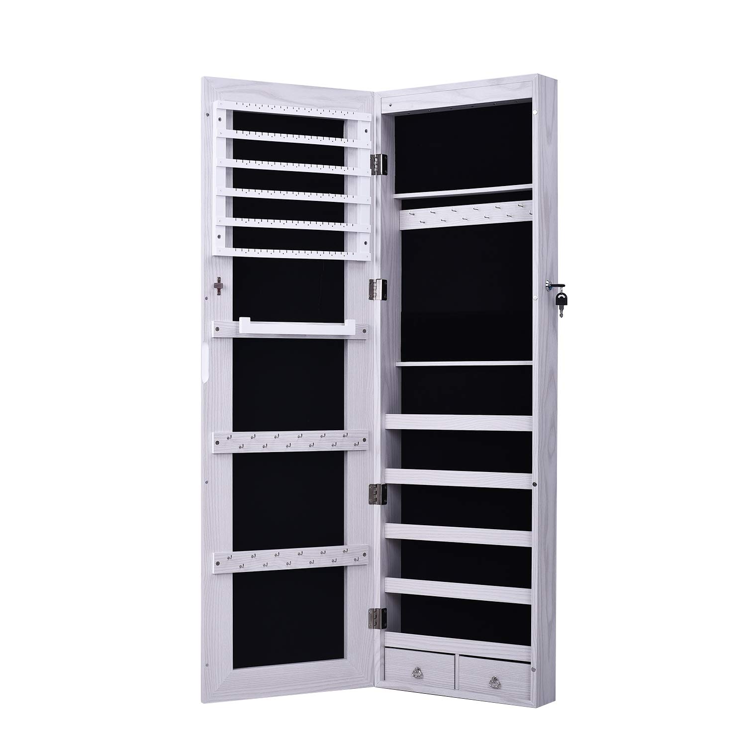 Soges Jewelry Armoire with Full-Length Mirror & LED Lights - Lockable Wall-Mounted Jewelry Cabinet Organizer with 2 Drawers, White - Perfect for Bedroom Closet, Dressing Room & Vanity Organization