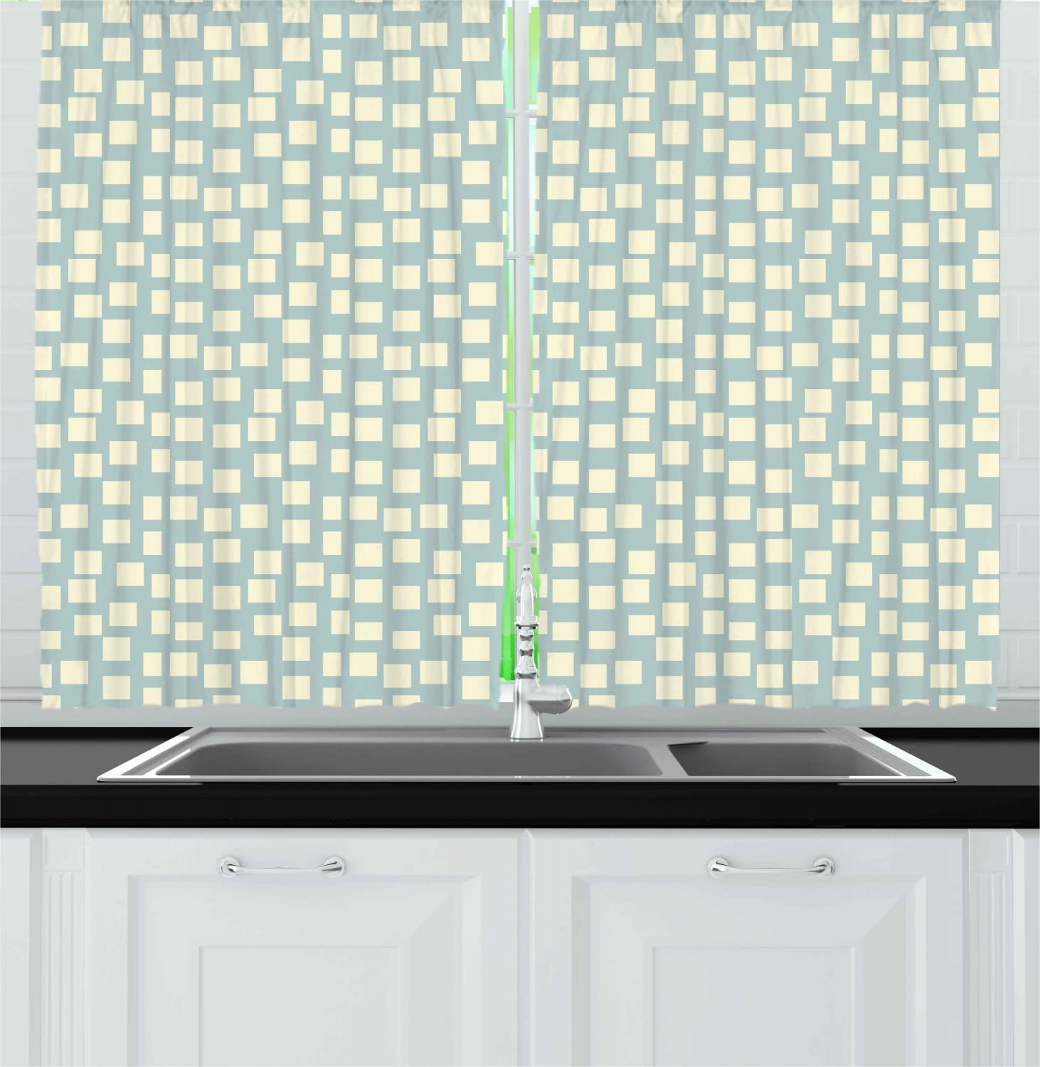 Ambesonne Modern Long Kitchen Curtains - Geometric Tile Design with Asymmetrical Squares Pattern, 55