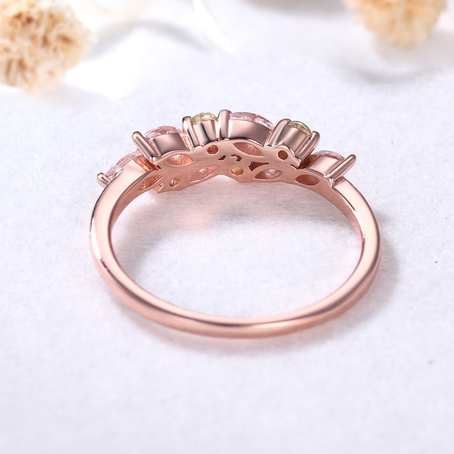 14k Rose Gold Morganite Peridot Cluster Wedding Band for Women - Elegant Dainty Engagement Ring, Promise Ring or Anniversary Jewelry Gift