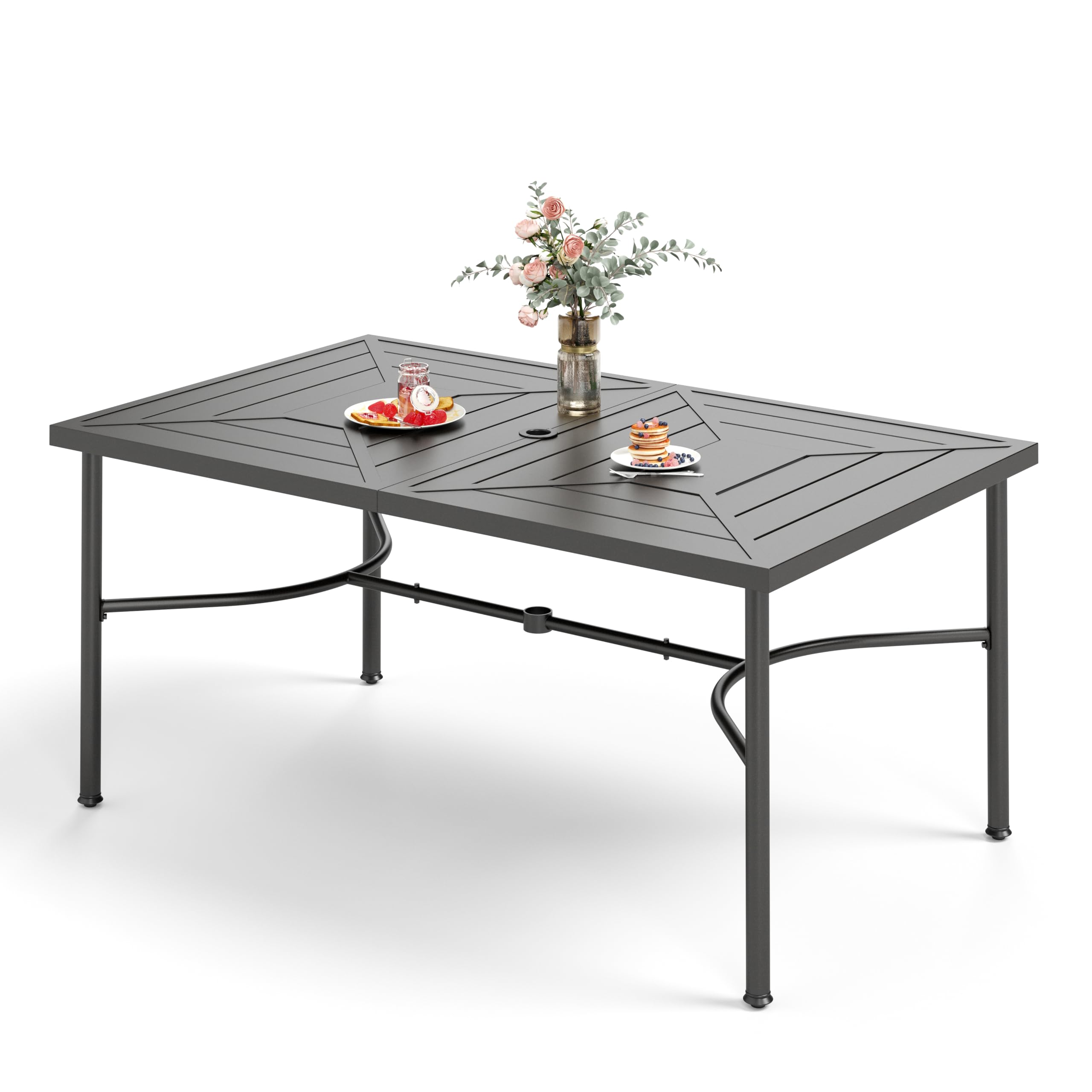 HERA'S HOUSE 64 Inch Outdoor Dining Table with Umbrella Hole - Weather Resistant Rectangular Patio Table for Garden, Backyard, Lawn - Perfect for Outdoor Entertaining, BBQ Parties & Family Gatherings