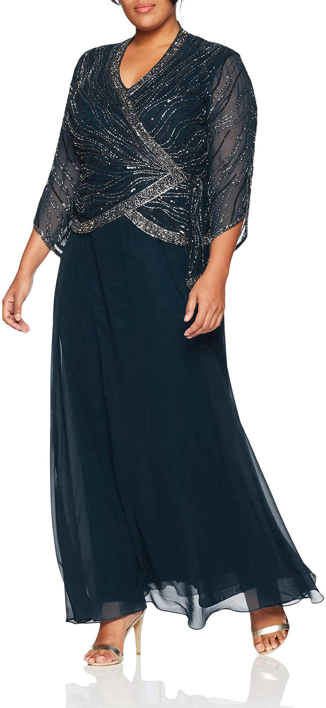 J Kara Women's Plus Size Long 3/4 Sleeve V-Neck Beaded Faux Wrap Dress - Elegant Formal & Cocktail Party Attire for Curvy Women