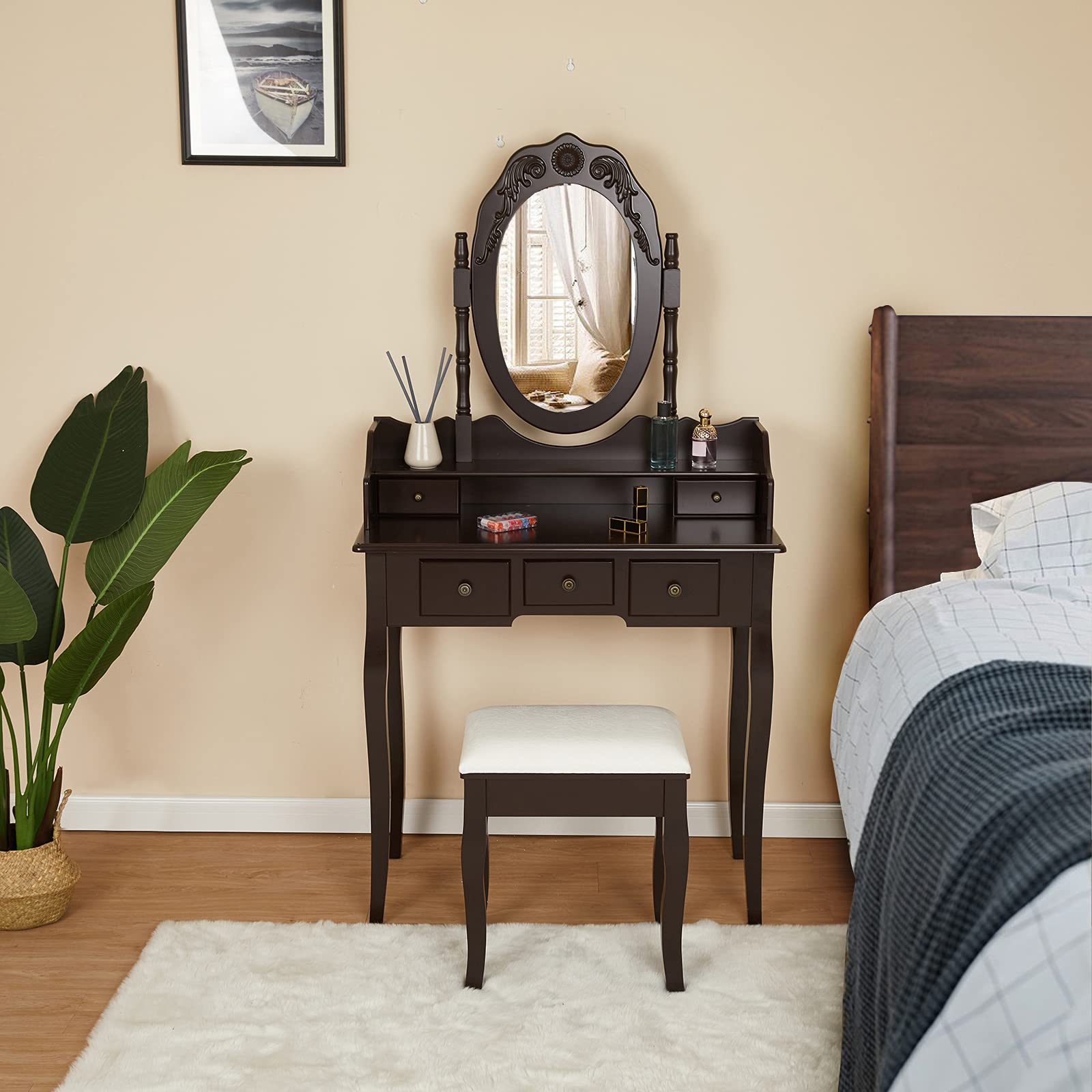 Vintage Vanity Table Set with Mirror & Stool - 5 Drawers, Brown Makeup Dresser for Bedroom Decor