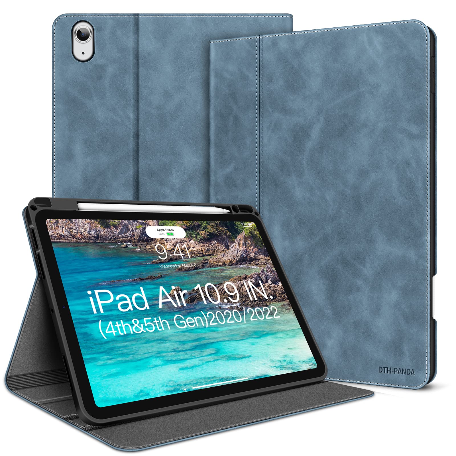 DTH-PANDA iPad Air 5th/4th Generation Case 2022/2020 - 10.9 Inch Protective Cover with PU Leather, Pencil Holder & Auto Sleep/Wake - Dark Slate Blue | Perfect for Work, Travel & School Use