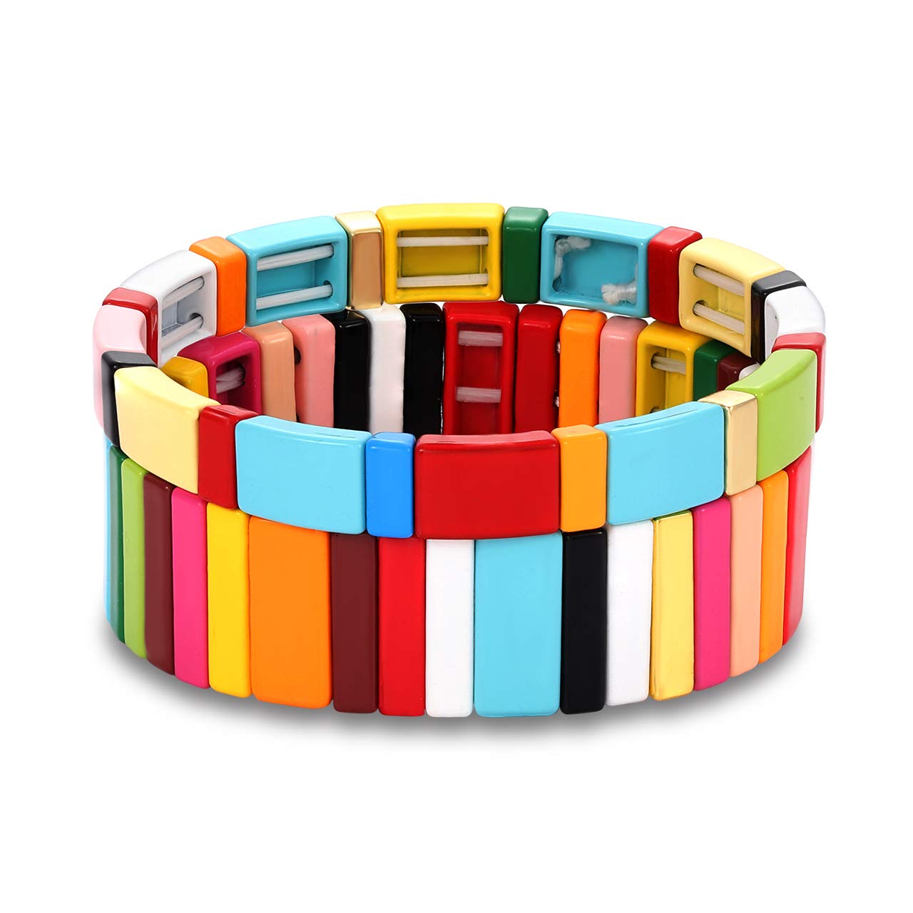 ANGLESJELL Enamel Tile Bracelets - Rainbow Colorful Rectangle Beaded Stretch Bracelets for Women & Girls, Stackable Layered Bangle for Men | Perfect for Casual Wear, Gifts, and Festival Accessories