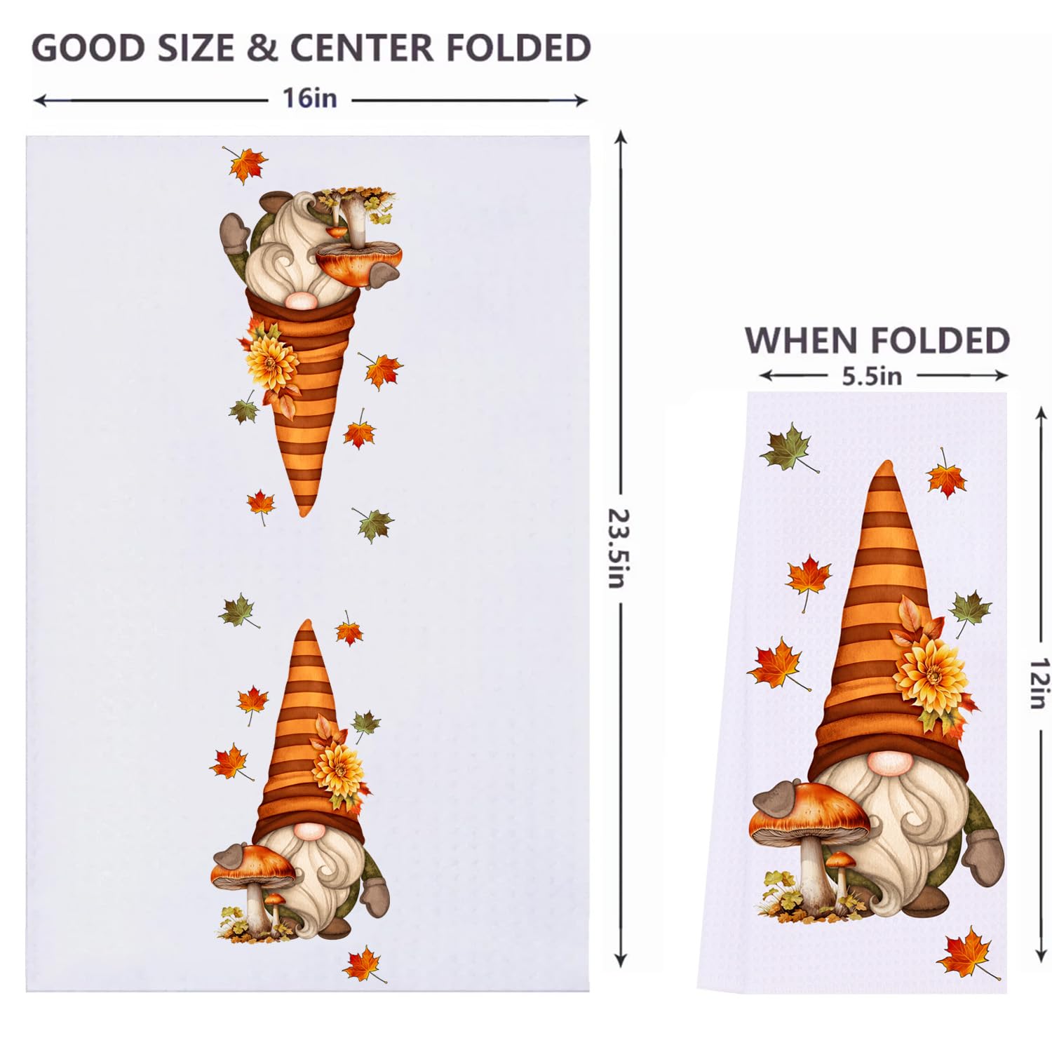 LXOMILL Fall Gnomes Kitchen Towels Set of 2 - Maple Leaf & Pumpkin Print Absorbent Dish Cloths - Cute Gnome Autumn Decor for Thanksgiving & Halloween - Perfect for Holiday Cooking, Baking & Home Decor