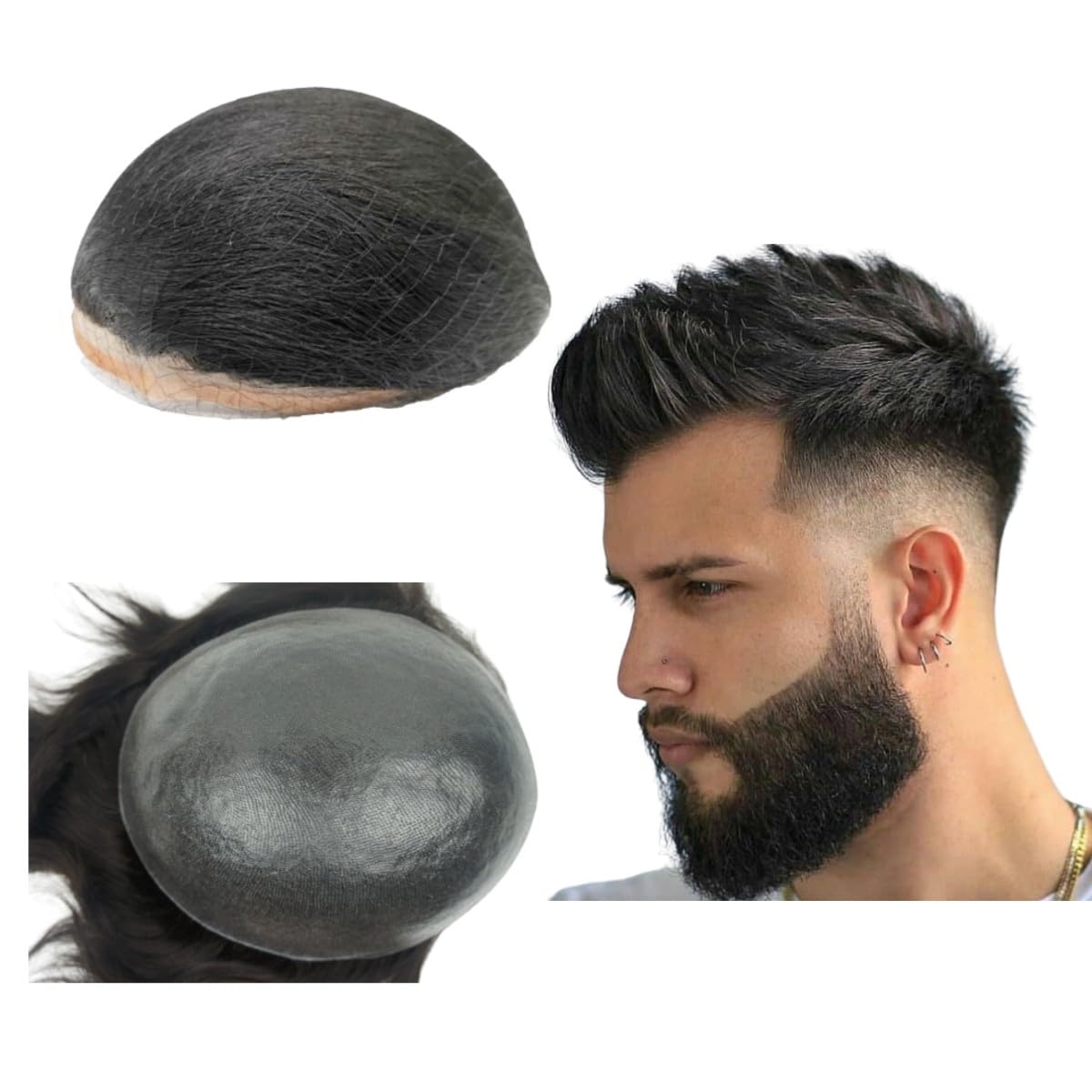 Men's PU Hair Replacement System - 25.4 x 20.3 cm Human Hair Prosthesis - 0.04mm Thin Skin Hairpiece for Baldness - #1B Off Black - Perfect for Daily Wear, Special Occasions & Confidence Boosting