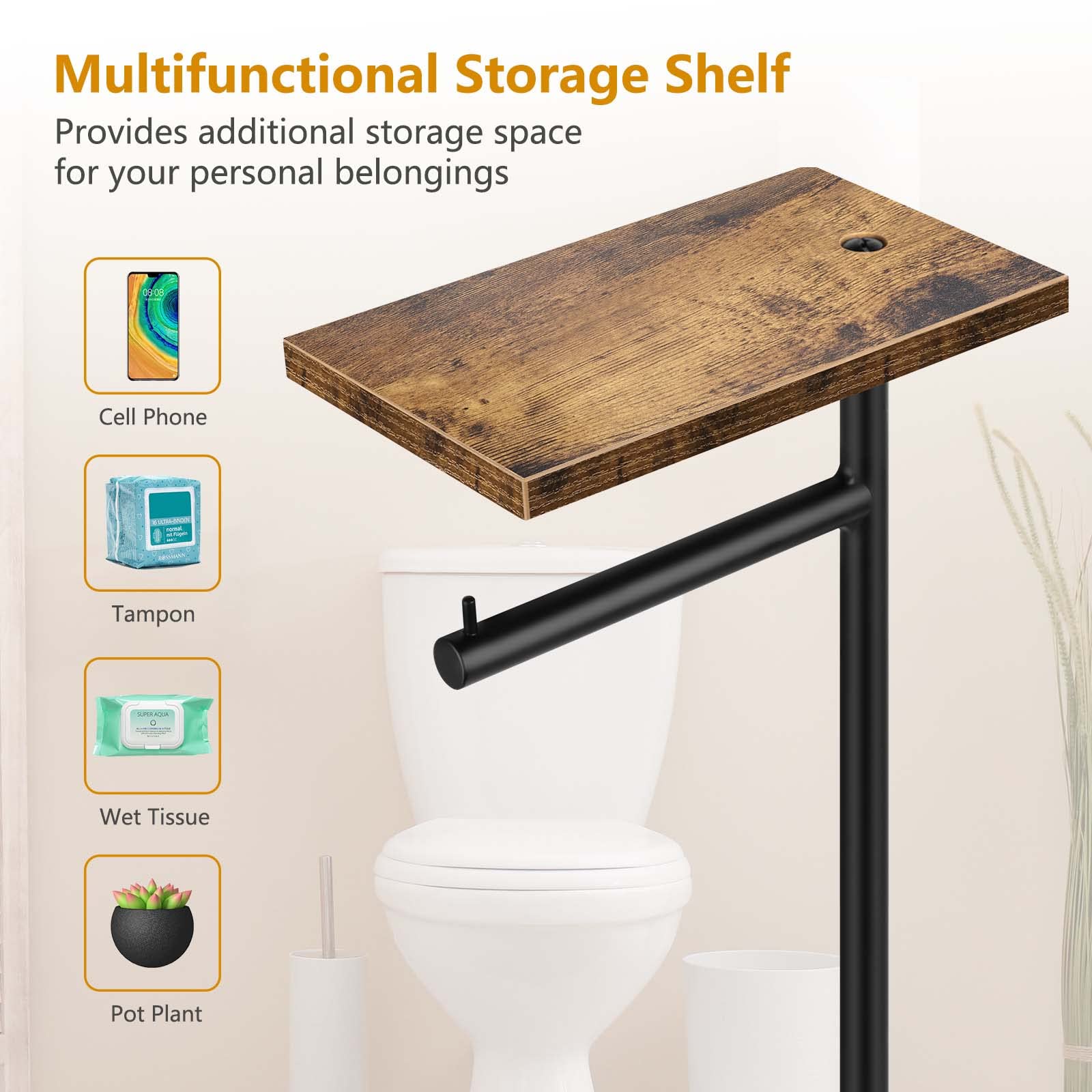 Free-Standing Toilet Paper Holder Stand with Shelf - Rustic Brown Bathroom Tissue Roll Dispenser for Farmhouse & Modern Decor | Perfect for Bathroom, Vanity, and Guest Toilet Organization