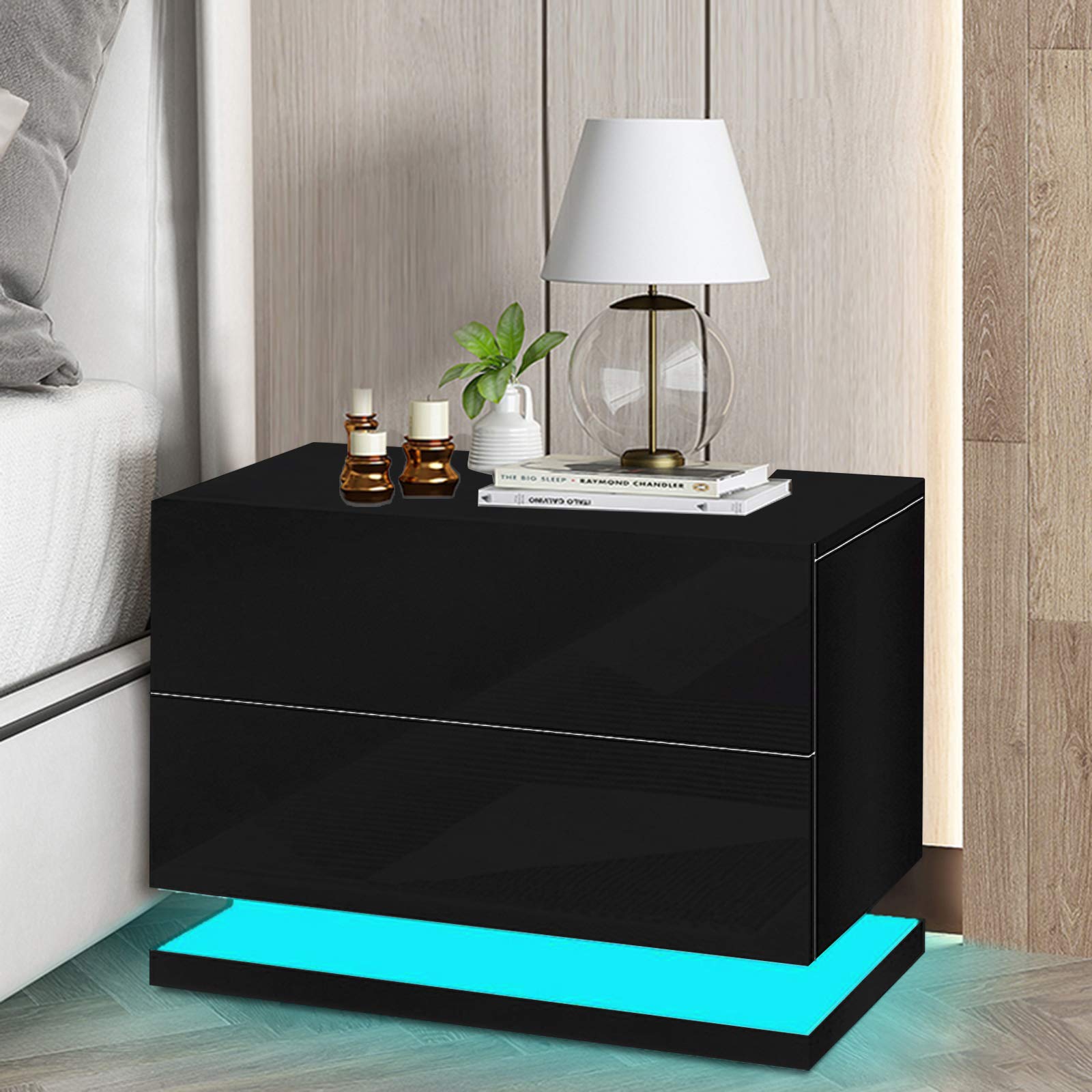 Modern Nightstand with Drawers & LED Light - High Gloss Bedside Table, Corner Storage Cabinet for Bedroom & Office - Black (Perfect for Small Spaces, Reading Nook & Guest Rooms)
