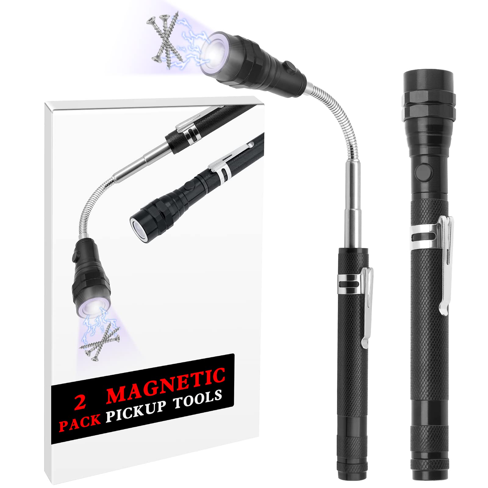 2-Pack Extendable Magnetic Pickup Tool with LED Flashlight - Telescoping Magnet Grabber for Hard-to-Reach Items, Cool Gadgets for Men (Workshop, Garage, Car Repair, DIY Projects)