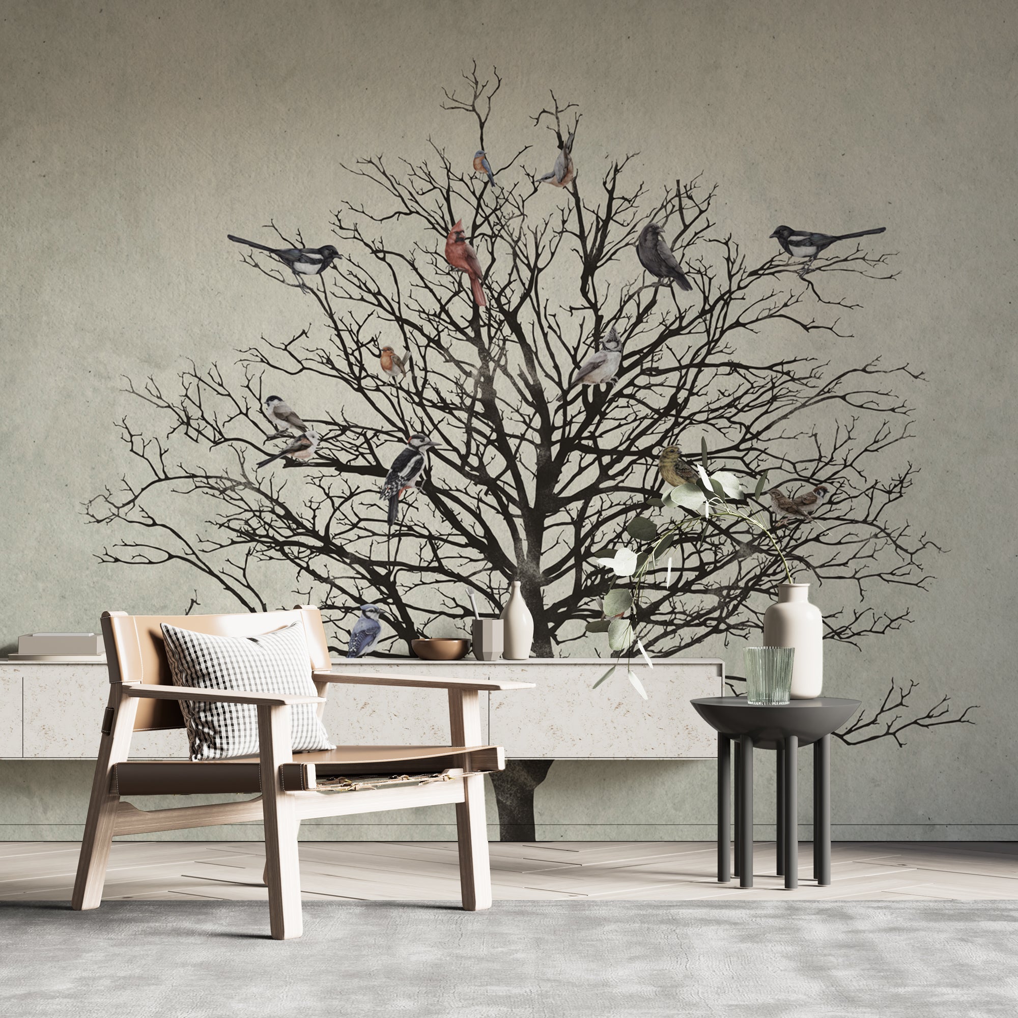 Winter Birds Tree Wallpaper Mural - Nature-Inspired Home Decor for Living Room & Bedroom | Peel and Stick Removable Wallpaper
