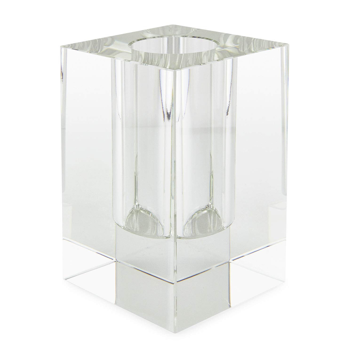 Tizo Design Elegant Clear Crystal Glass Vase - Heavy Square Block Tabletop Vase for Home Decor, Wedding Centerpiece & Office Desk (4