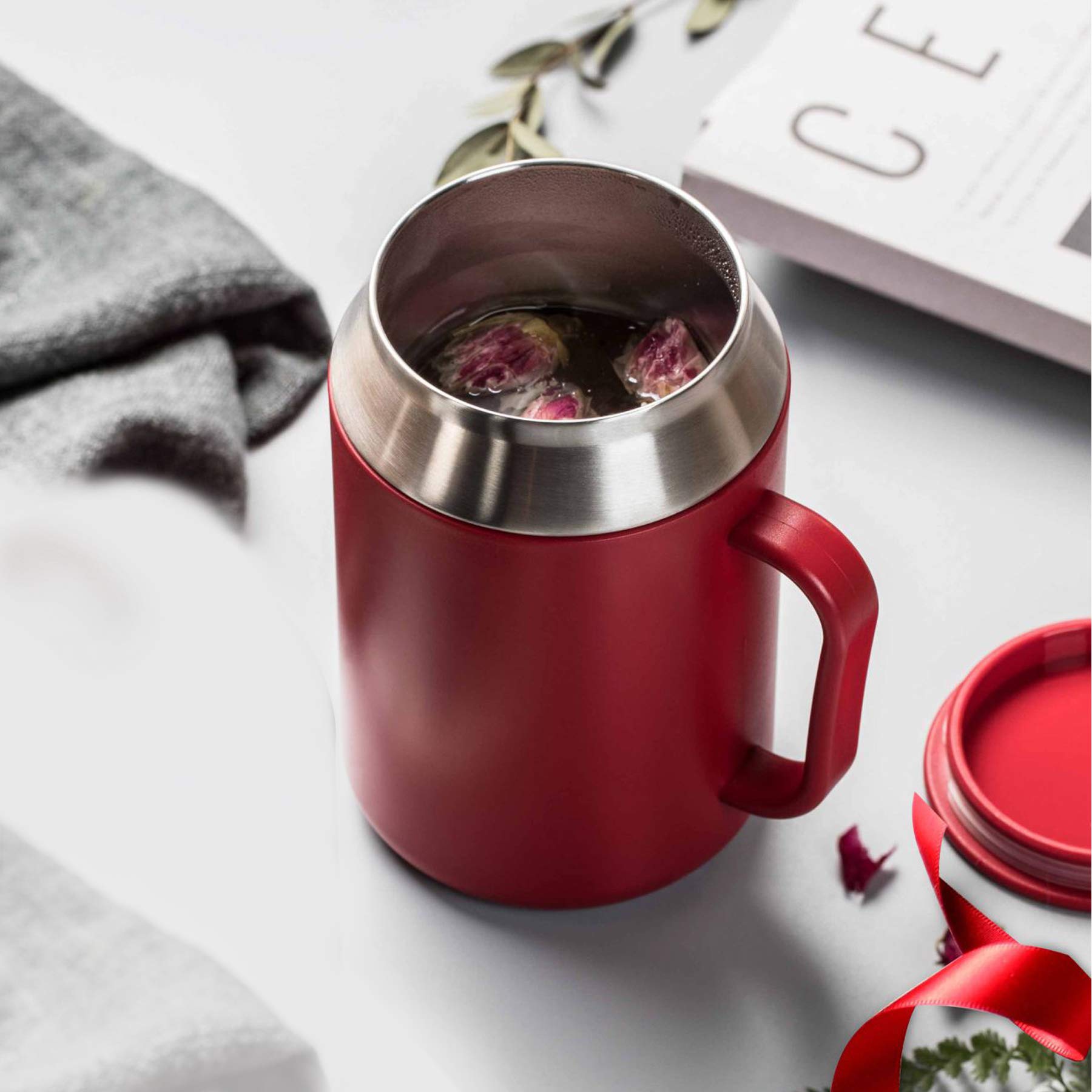 Stainless Steel & Plastic Insulated Coffee Tea Travel Mug - 400ml (14oz) Red - Keeps Hot/Cold for Hours - Perfect for Office, Commuting & Outdoor Activities