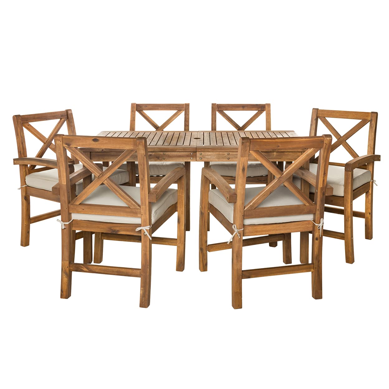 Walker Edison Delray Classic 7-Piece Acacia Wood Outdoor Dining Set with X-Back Chairs - Patio Furniture Set for Garden, Backyard, Poolside (Brown)