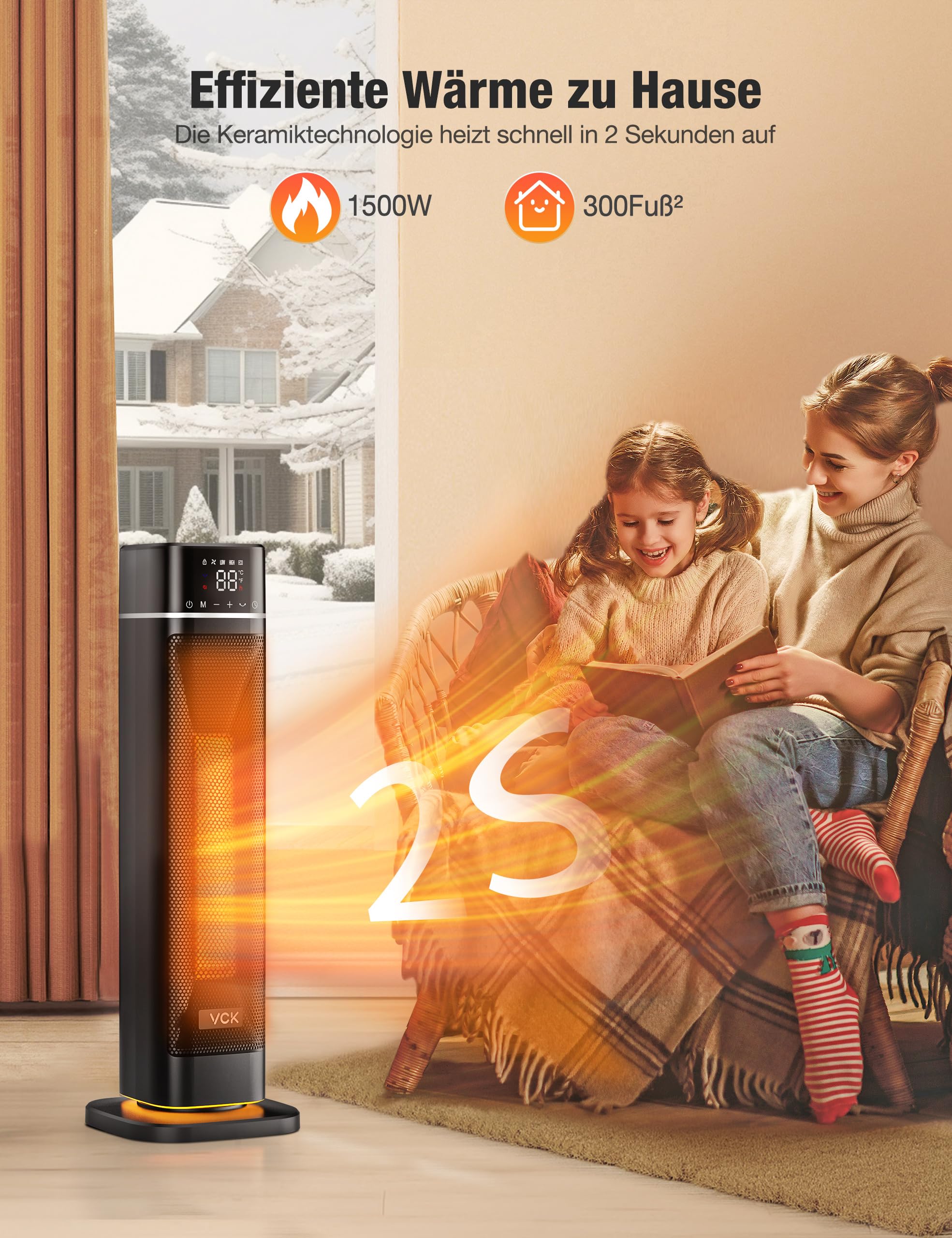 Energy Efficient 60cm Ceramic Fan Heater with Remote Control - 12 ft/s Fast Heating, 80° Oscillation, 4 Modes & 12-Hour Timer - Quiet Space Heater with Night Light, Overheat & Tilt Protection - Perfect for Bedrooms, Offices & Small Spaces