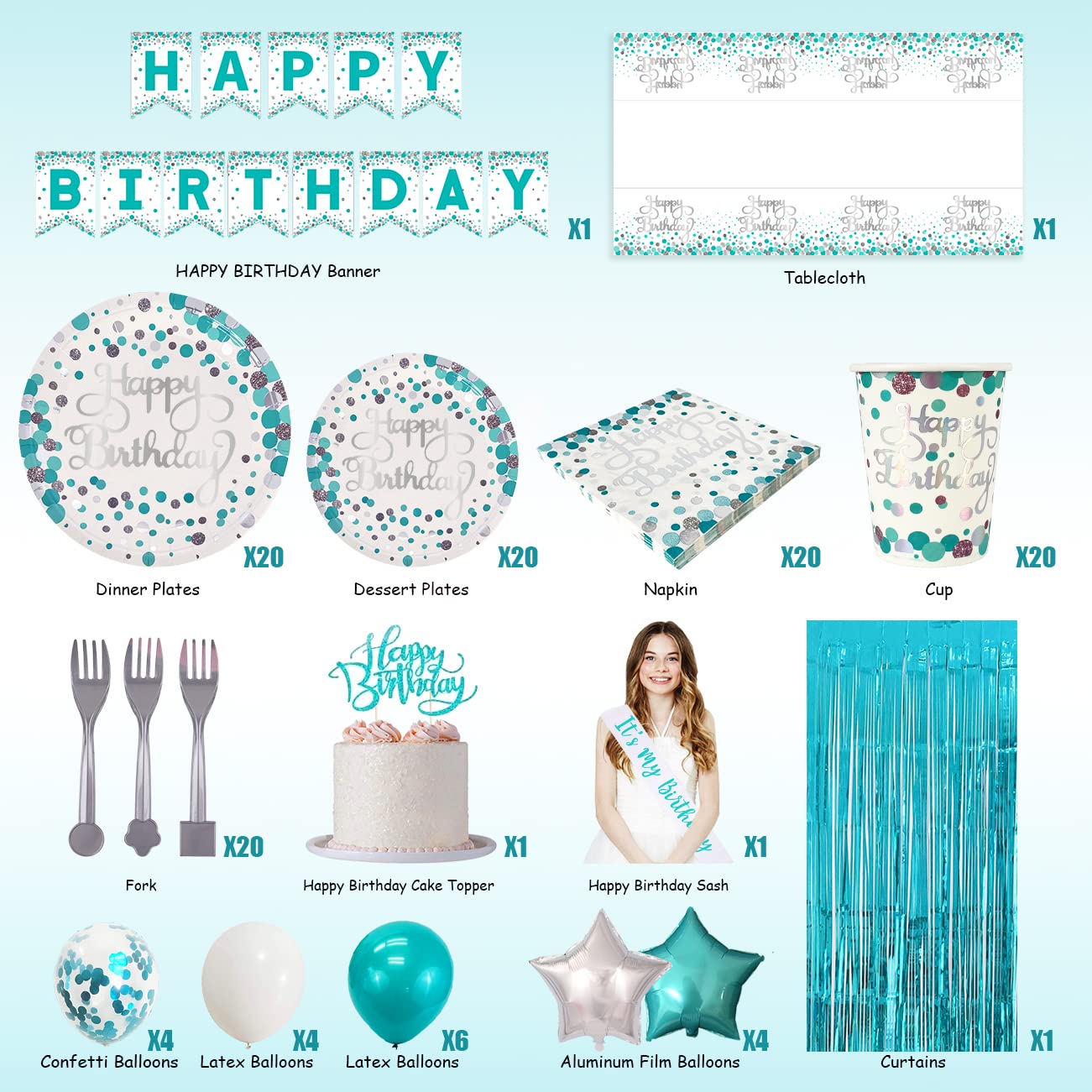 Teal Blue Birthday Party Supplies for 20 Guests - 80-Piece Set with Plates, Cups, Napkins, Balloons, Banner, Sash, Cake Topper & Curtains | Perfect for Baby Showers, Bridal Showers & Birthday Celebrations