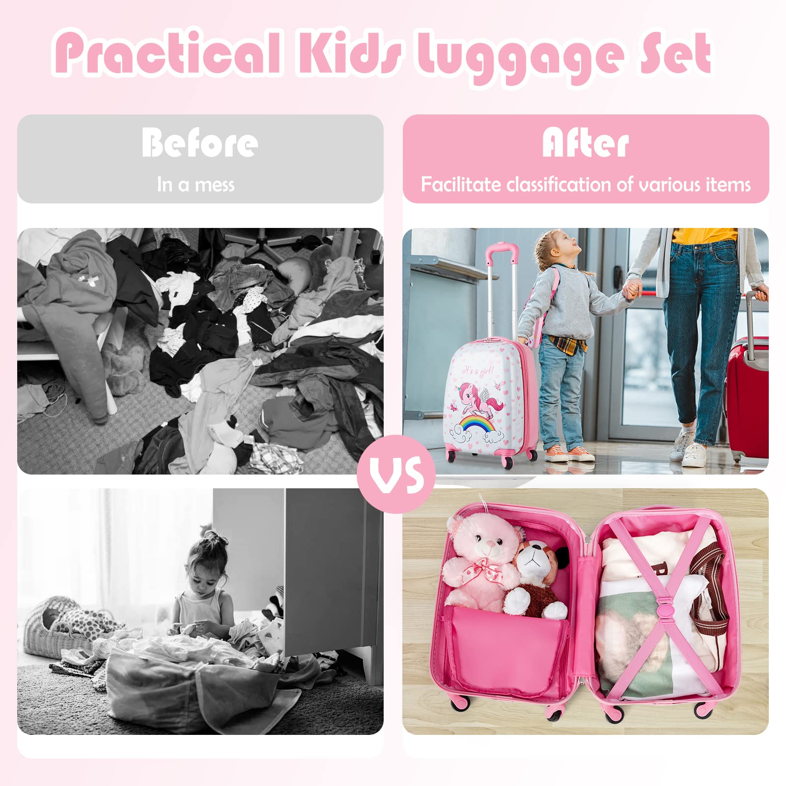 Olakids 12’’ Kids Travel Backpack & 16’’ Wheeled Carry-On Suitcase Set for Boys & Girls - 2-Piece Spinner Luggage with Wheels | Perfect for Airplane Trips, Family Vacations & School Travel (Unicorn Design)