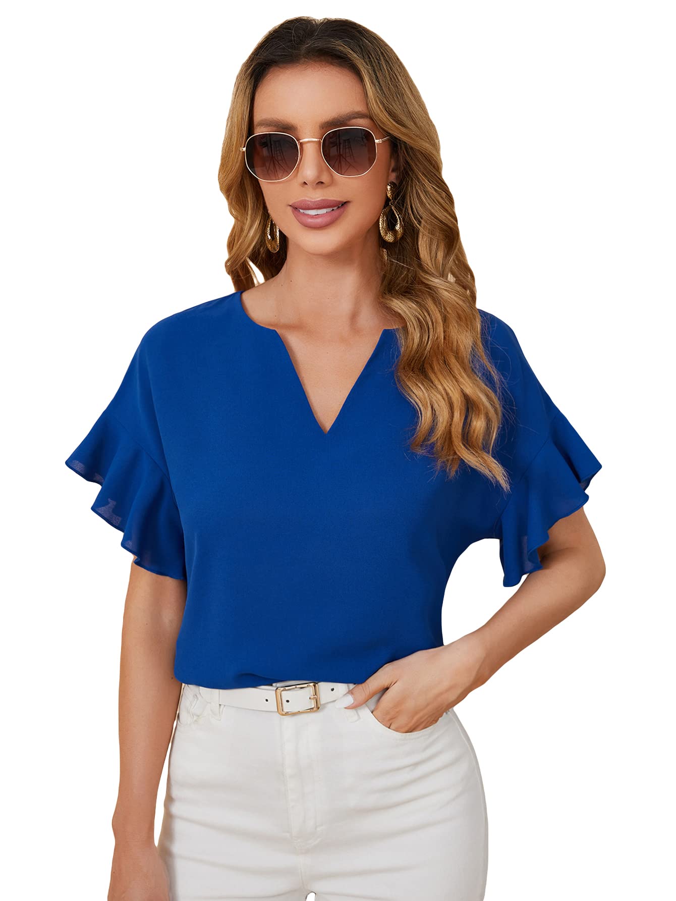 Milumia Women's Casual Notched V Neck Ruffle Sleeve Blouse - Elegant Office Shirt Tops for Work, Business & Professional Wear | Perfect for Office, Meetings & Smart Casual Outfits