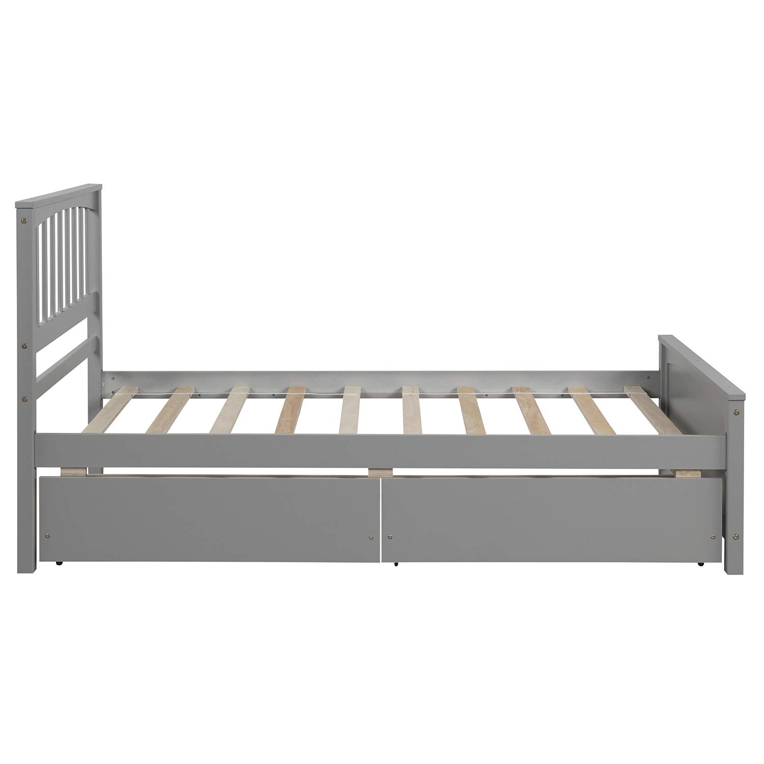 Twin Size Solid Wood Platform Bed Frame with 2 Storage Drawers & Headboard - No Box Spring Needed - Grey - Perfect for Kids Bedroom, Guest Room or Small Space