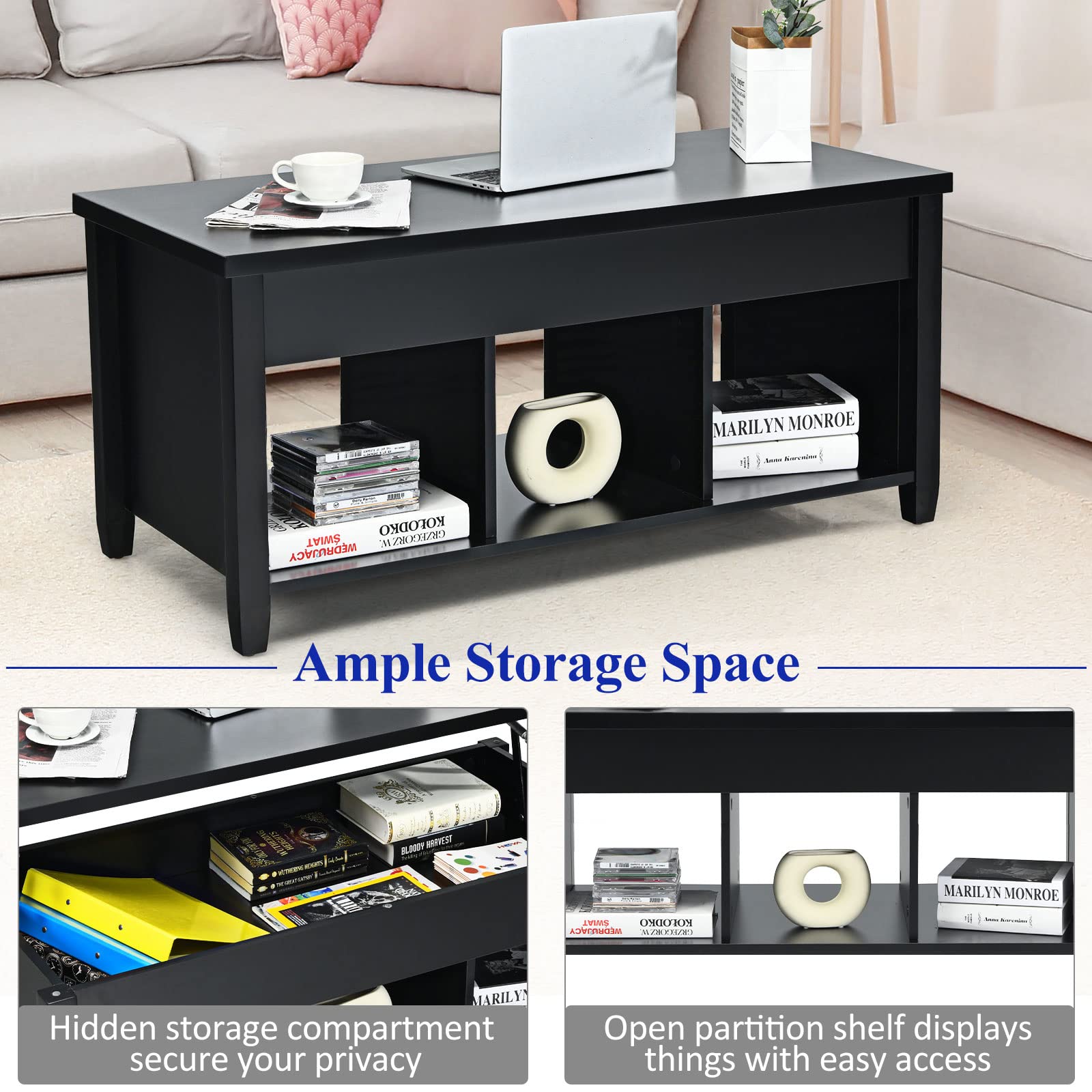KOTEK Lift Top Coffee Table with Hidden Storage & Open Shelves - Modern Living Room Lift-Top Table with Compartment for Living Room, Office, Reception Area (Black) - Perfect for Small Space Organization & Stylish Home Decor