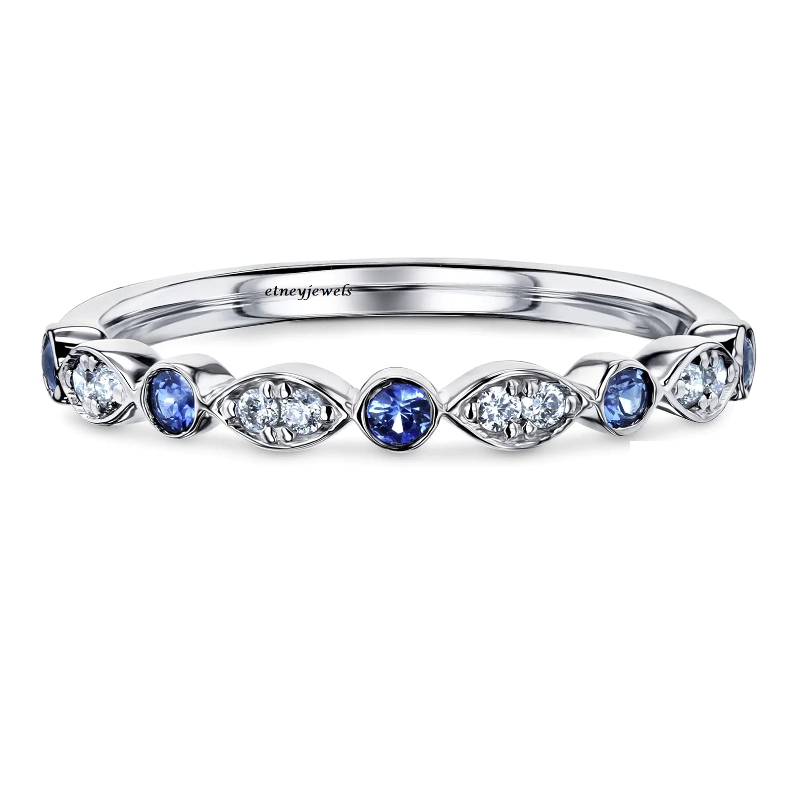 10KT Solid White Gold Stackable Wedding Band for Women - 0.13 Carat Natural Diamond & 0.05ctw Blue Sapphire Round Cut Bezel Set Ring (I1-I2 Clarity, HI Color) - Perfect for Engagement, Anniversary, Bridal Jewelry & Everyday Elegance