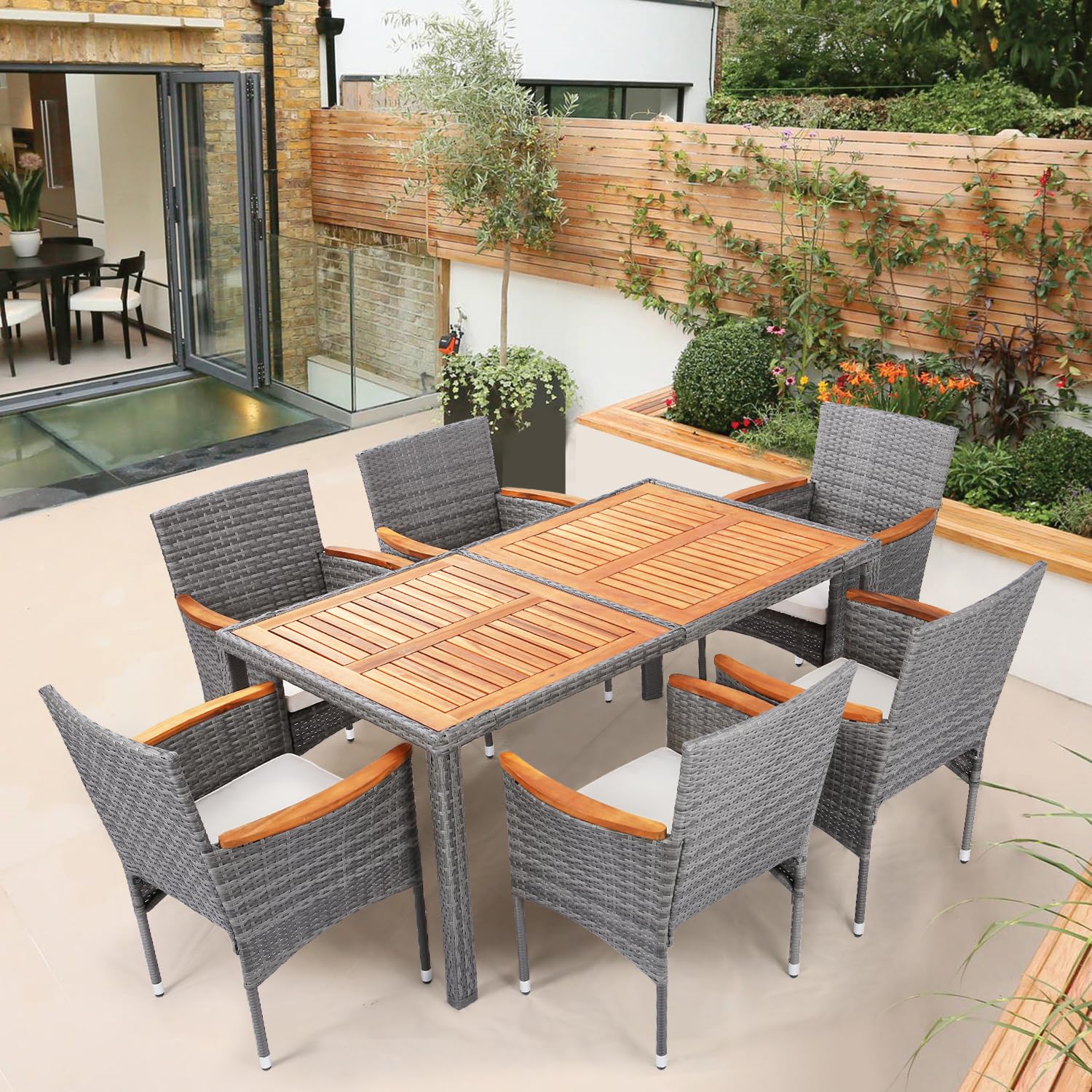 7-Piece Outdoor Patio Dining Set with Table and 6 Chairs - Weather-Resistant Grey Patio Furniture for Backyard, Garden, Deck or Poolside Entertaining