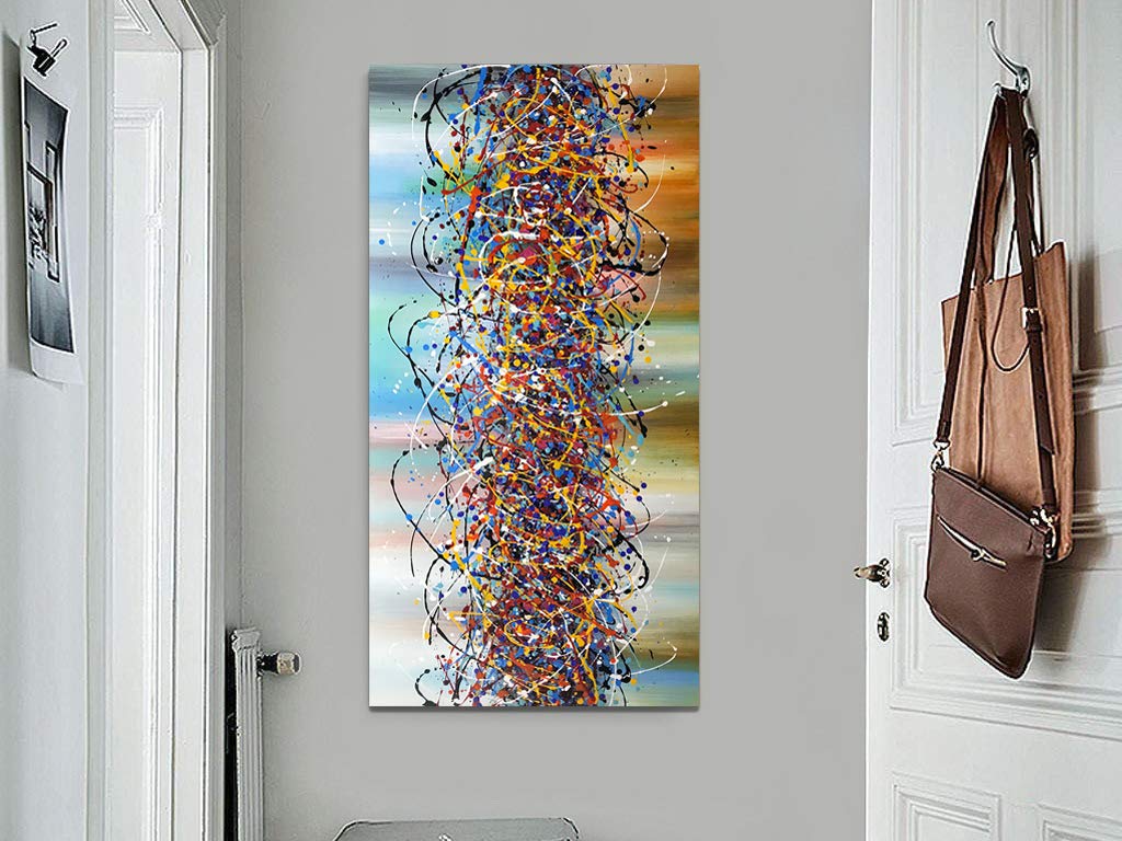 24x48 Inch Jackson Pollock Style Abstract Oil Painting - Hand-Painted Modern Canvas Art with Wood Frame, Ready to Hang | Perfect for Living Room, Bedroom & Office Wall Decor