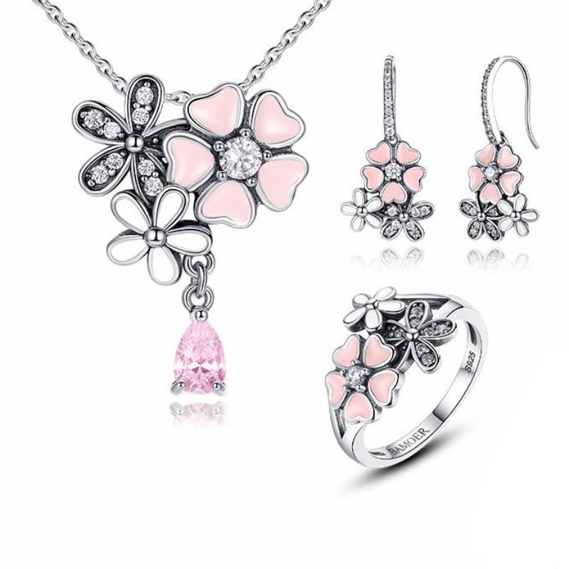 925 Sterling Silver Pink Cherry Blossom Jewelry Set - Elegant Necklace, Earrings & Bracelet for Women, Perfect for Weddings, Anniversaries & Spring Fashion