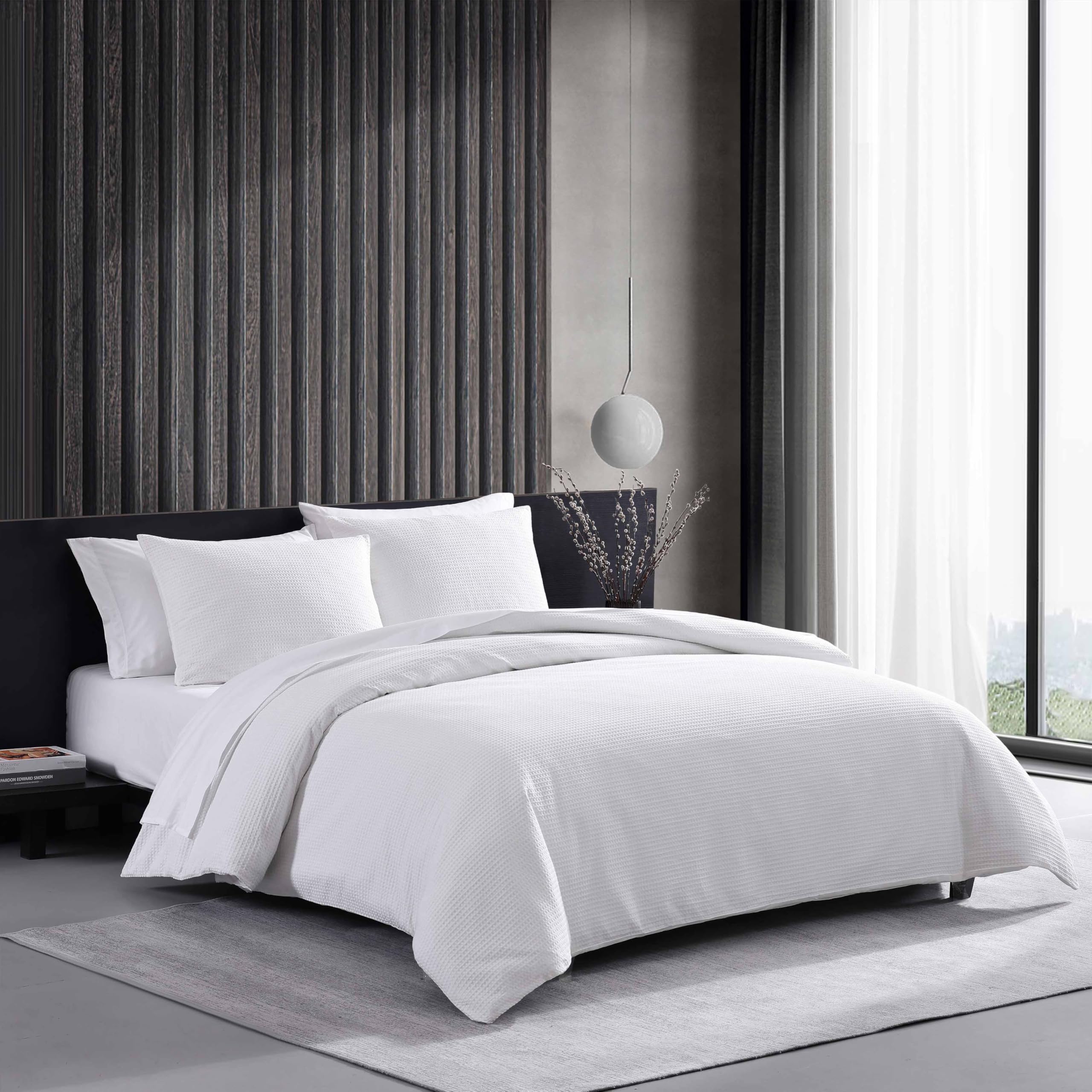 Vera Wang King Duvet Cover Set - Soft 100% Cotton Bedding Set with Matching Shams, Button Closure, Waffle Pique White - Luxury Bedroom Essentials for Master Suite, Hotel-Style Comfort, Wedding Registry Gift