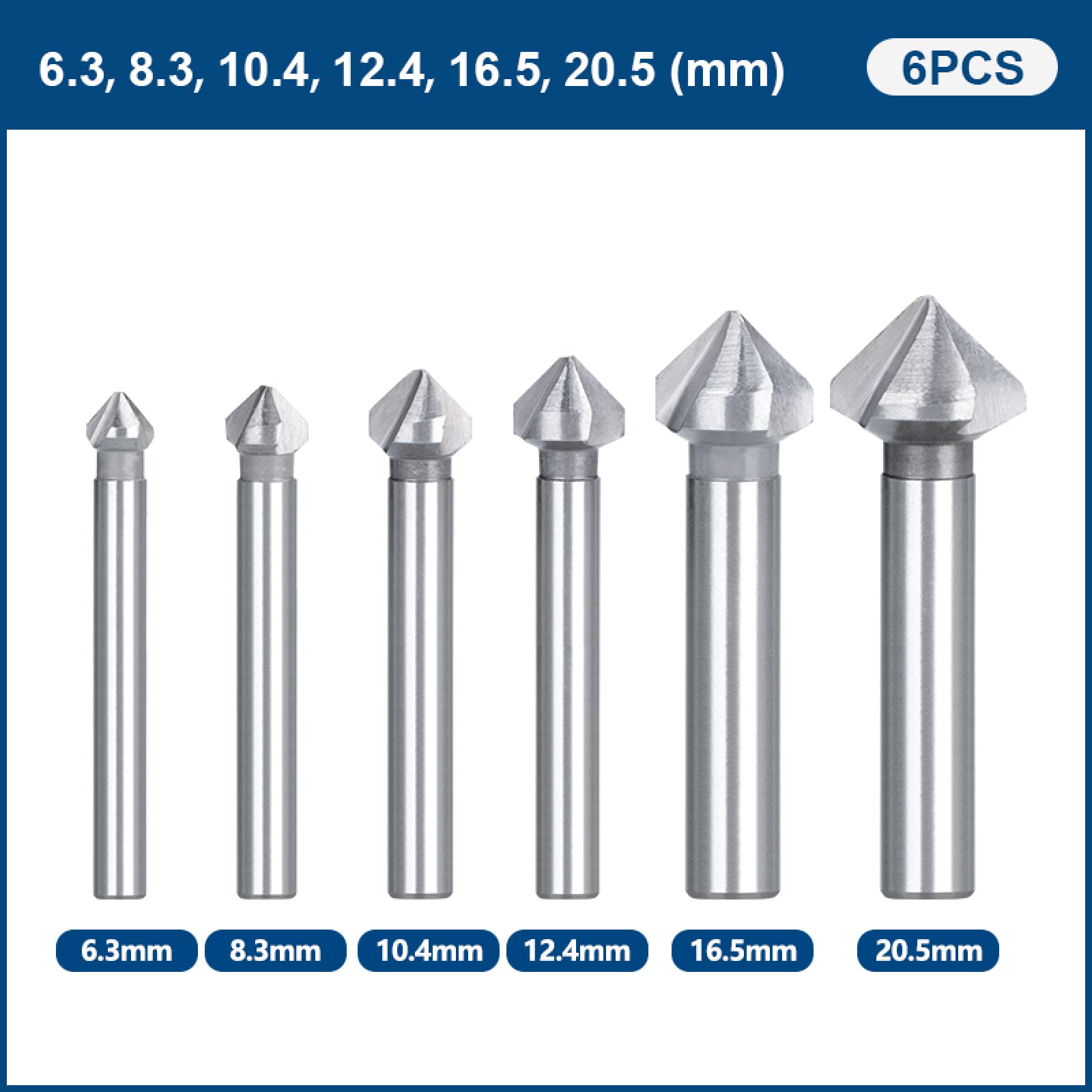 ALEYHA 6-Piece HSS 90 Degree Chamfering Cutter Set - 3 Flute End Mill Countersink Drill Bits (6.3-20.5mm) for Metalworking, Woodworking & DIY Projects