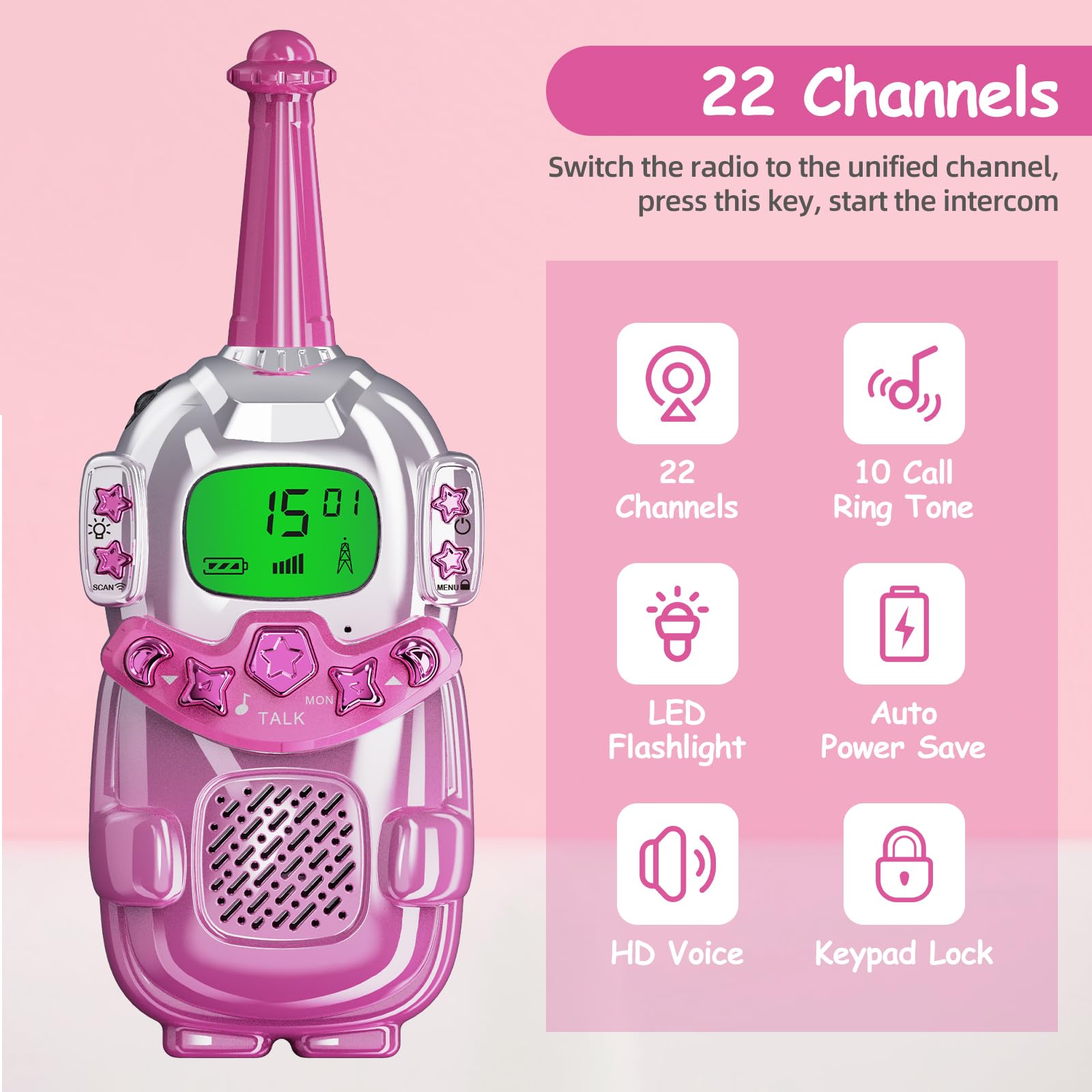 Mini Robot Walkie Talkies for Kids 2 Pack - Kids Walkie Talkies with LCD Backlit Screen & Flashlight, 3KM Long Range - Perfect Birthday Christmas Gift for Boys Girls Age 3-12 - Ideal for Camping, Hiking, Outdoor Adventures & Indoor Play (Pink)