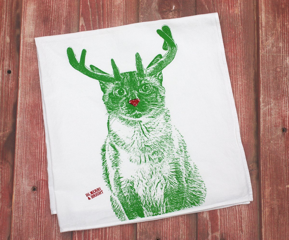 Christmas Cat Tea Towel - Hand Printed Holiday Kitchen Towel with Cat & Rudolph Design | Festive Flour Sack Dish Towel for Baking, Cooking & Christmas Decor | Merry & Bright Cat Lover Gift
