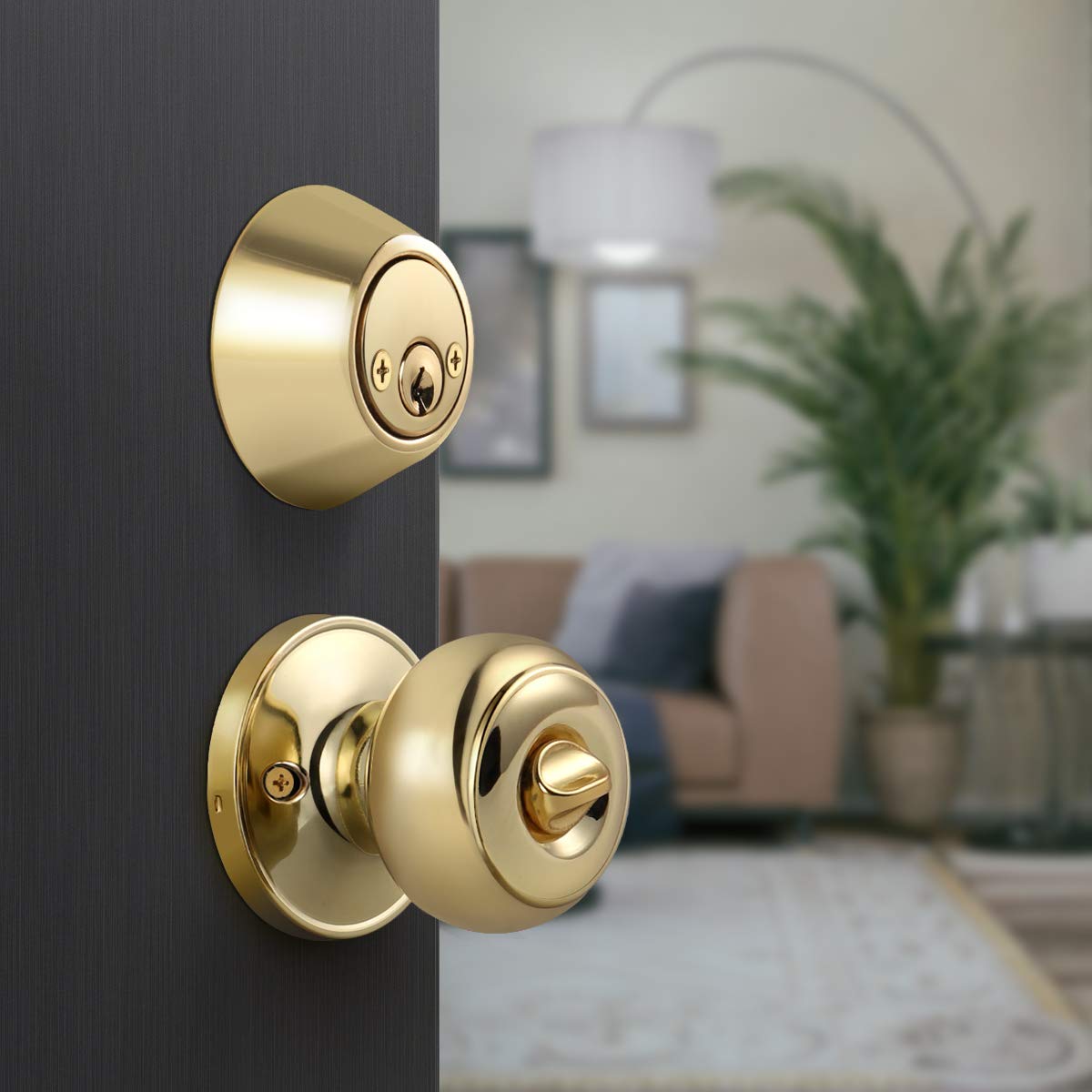 (6 Pack) Keyed Alike Entry Door Knobs with Double Cylinder Deadbolt Lock Combo Set - Polished Brass Finish for Front Door, Entrance & Home Security - Perfect for Apartments, Offices & Rental Properties