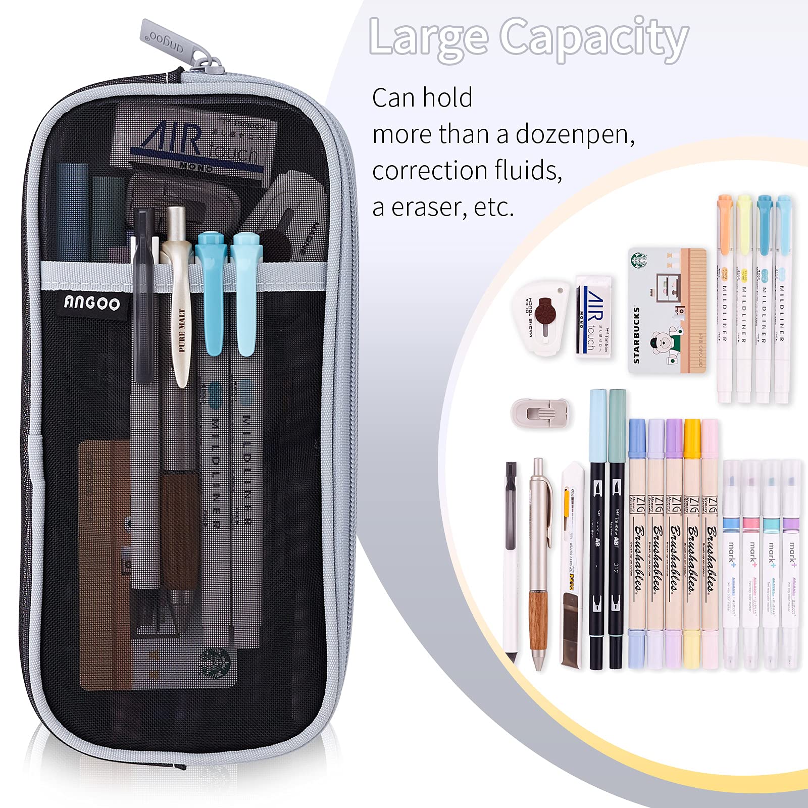 EASTHILL Grid Mesh Zipper Pencil Case - Clear Transparent Makeup Pouch for School, Office & Travel - Multi-Purpose Stationery Organizer for Teens, Girls & Boys (Black) - Perfect for Cosmetics, Pens & Small Accessories Storage