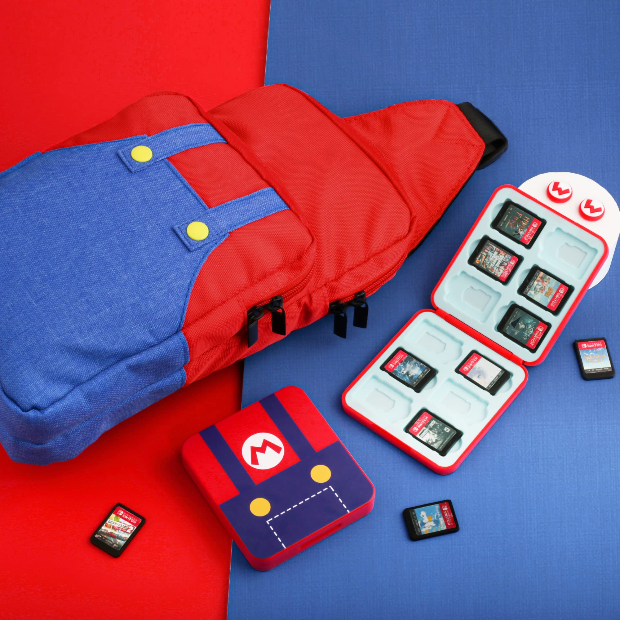 FUNDIARY Super Mario Themed Travel Bag for Nintendo Switch, OLED & Lite - Red & Blue Portable Carrying Case with Sling Shoulder Bag, Crossbody Backpack, Game Card Case & 2 Thumb Caps - Perfect for Gaming On-The-Go, Travel & Commuting