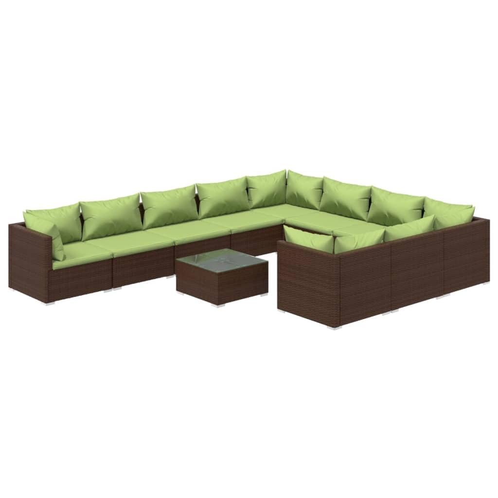 vidaXL 11-Piece Patio Lounge Set with Cushions - Durable Poly Rattan Outdoor Furniture with Steel Frame & Green Cushions - Brown - Perfect for Backyard, Garden, Poolside & Terrace Relaxation