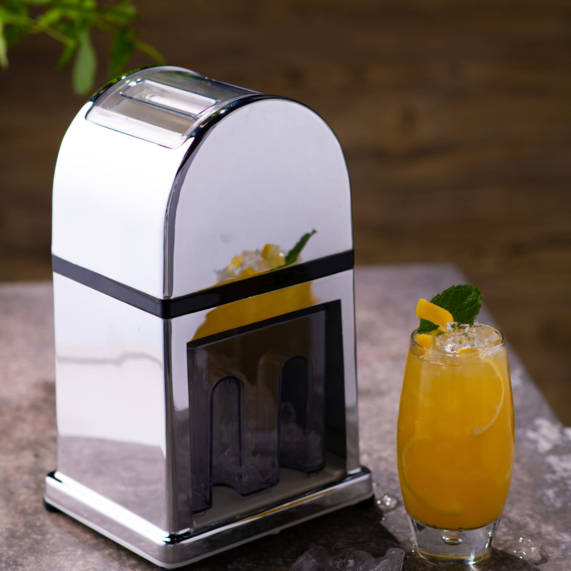 Chrome Manual Ice Crusher with Ice Tray & Scoop - Ice Grinder & Chopper for Cocktails, Smoothies & Home Bars - Perfect for Parties & Kitchen Use