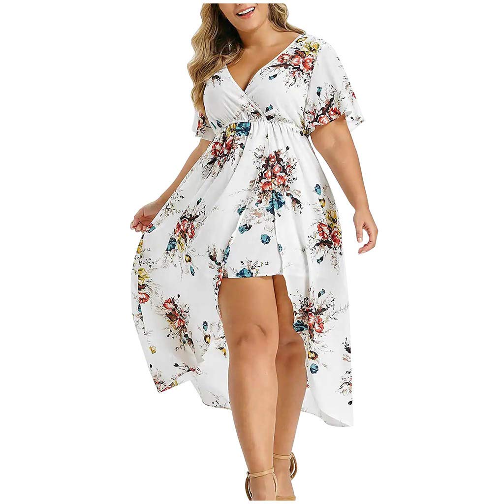 Plus Size Floral Print Green High-Low Maxi Dress with Bell Sleeves - Women's Fashionable Short Sleeve Summer Dress for Weddings, Parties & Beach Vacations