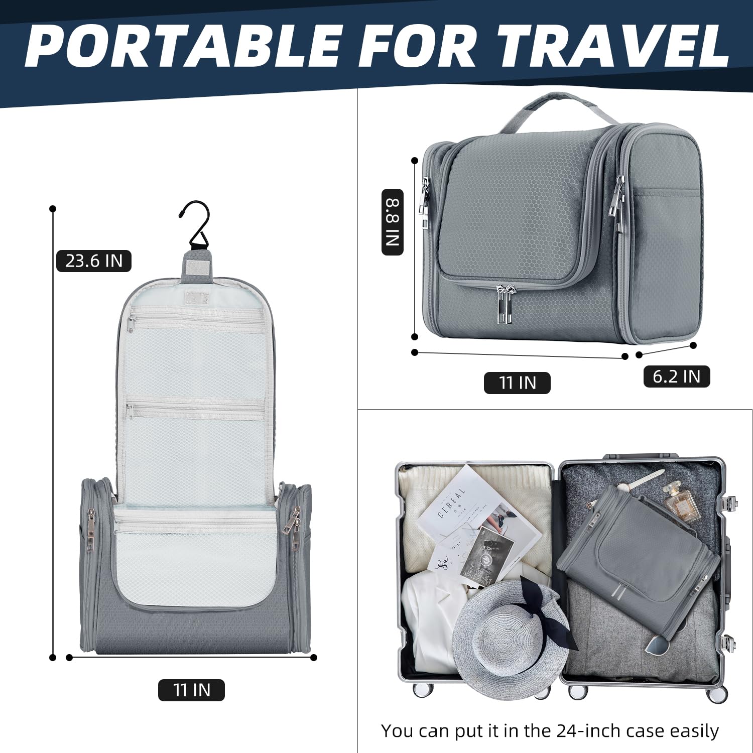 Large Water-resistant Hanging Toiletry Bag for Women & Men - Spacious Travel Cosmetic Organizer with Multiple Pockets, Perfect for Makeup, Shaving Essentials & Full-Sized Toiletries (Gray) | Ideal for Air Travel, Camping & Gym Use