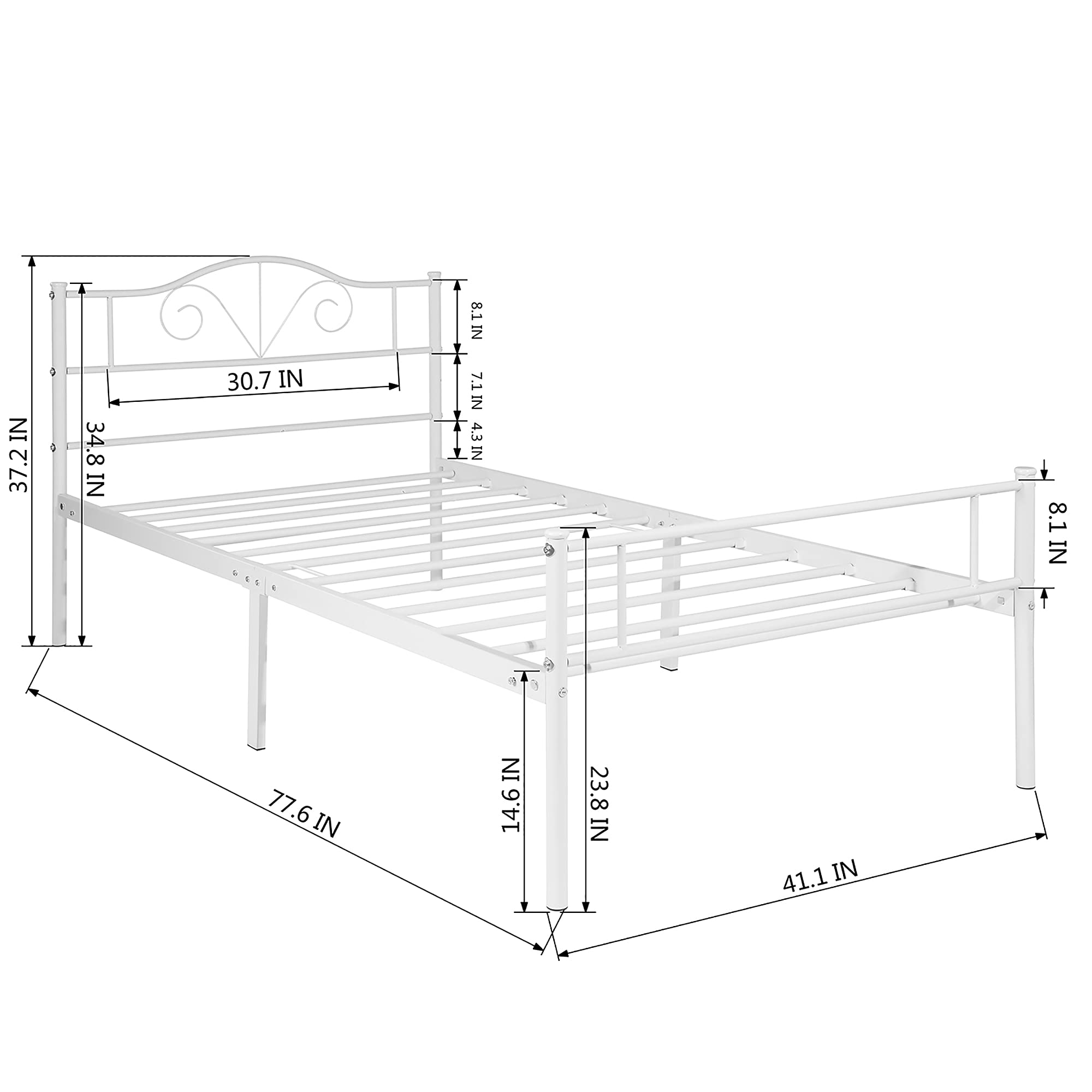 White Metal Twin Bed Frame with Headboard & Footboard - 14 Inch Platform Bed Frame, No Box Spring Needed, Sturdy Storage Space - Perfect for Bedrooms, Dorms, Adults & Kids | Ideal for Small Spaces & Guest Rooms